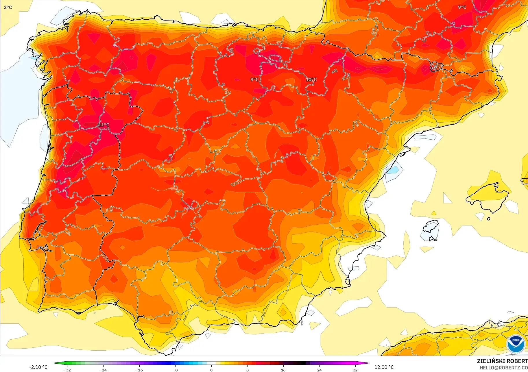 GFS modelo - España, Anomalía de temperatura a 2 m