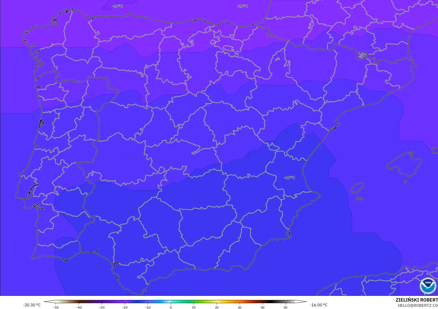 GFS modelo - España, Temperatura a 500 hPa
