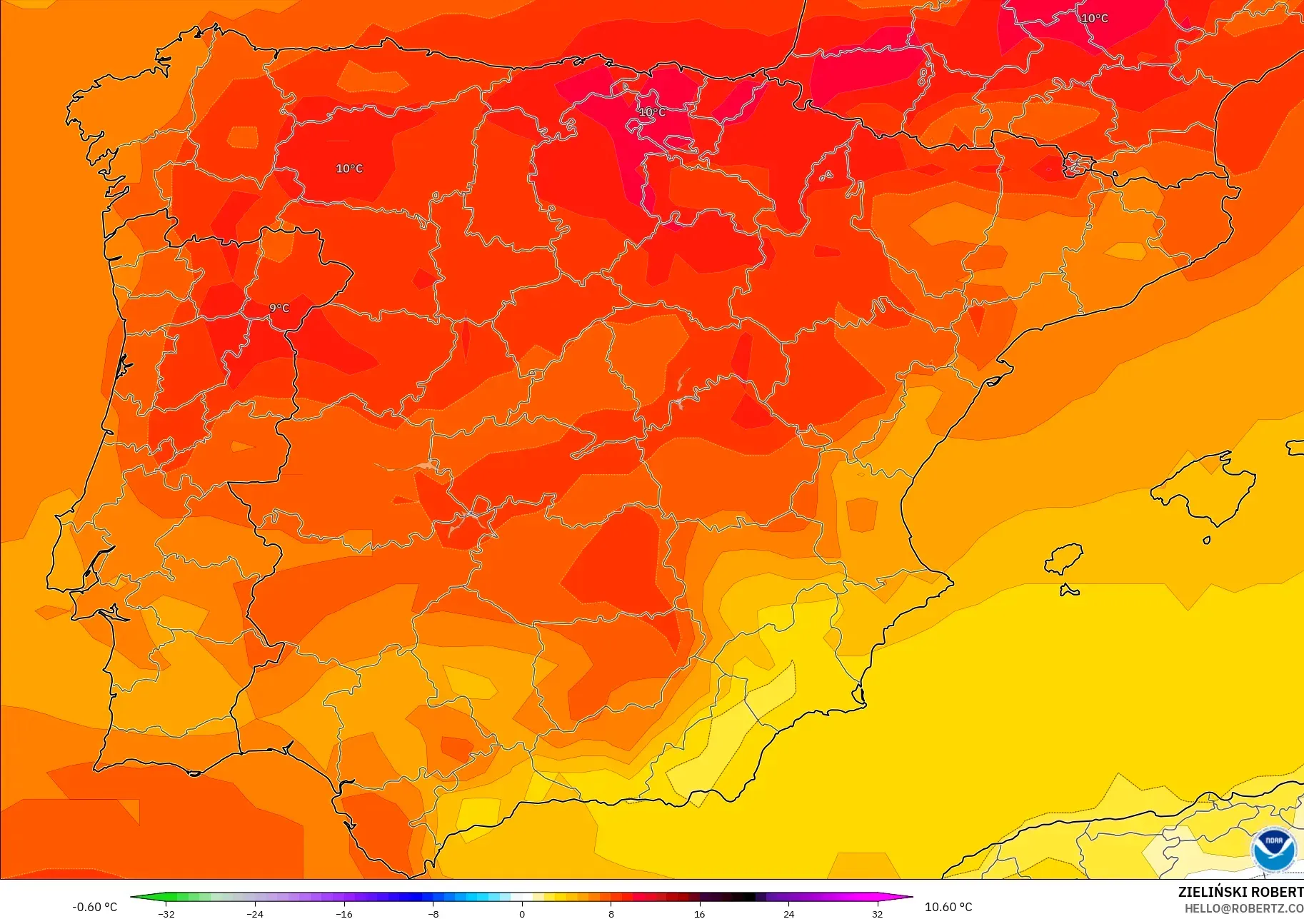 GFS modelo - España, Anomalía de temperatura a 850 hPa
