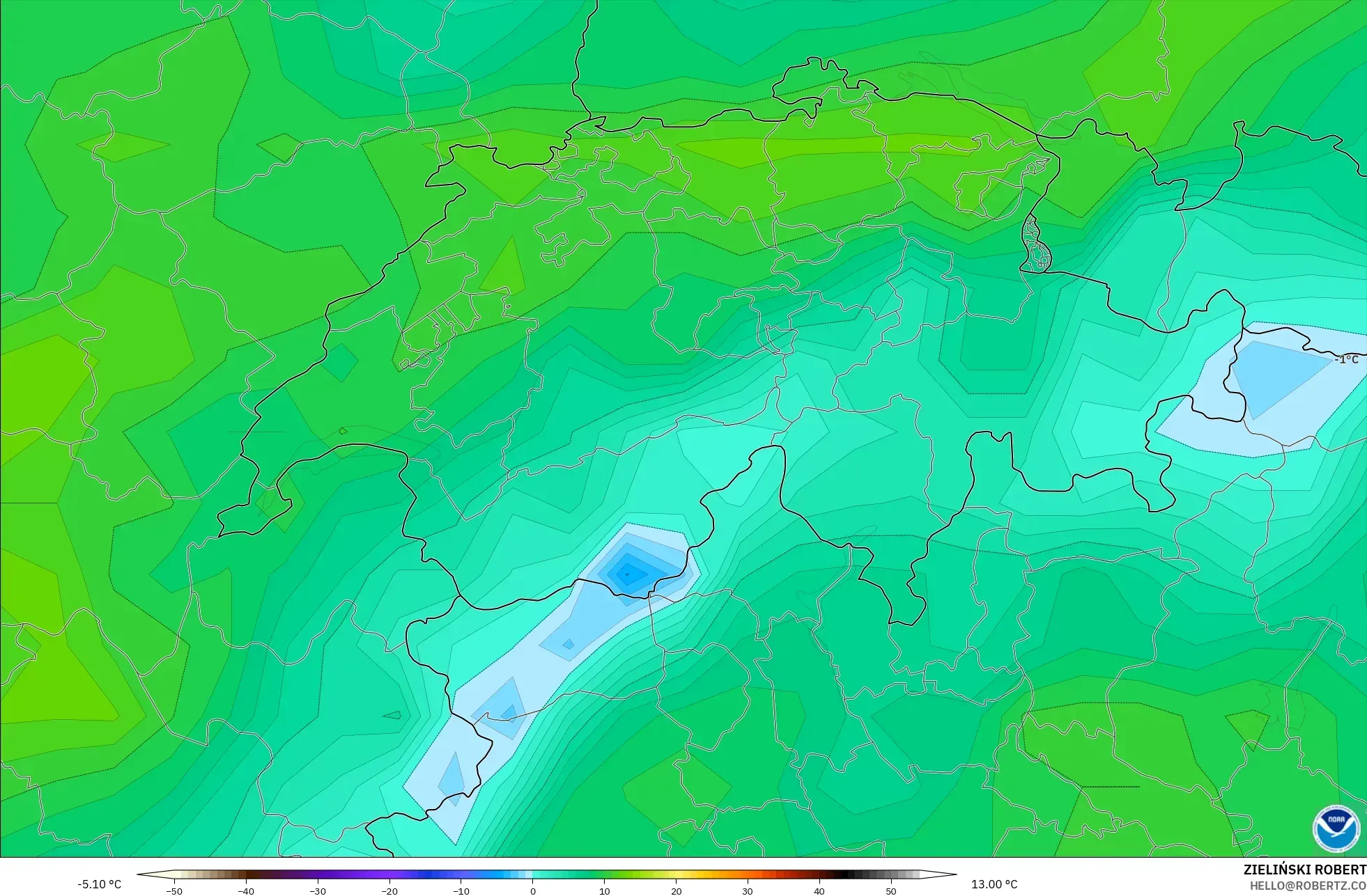 GFS modelo - Suiza, Punto de rocío a 2 m