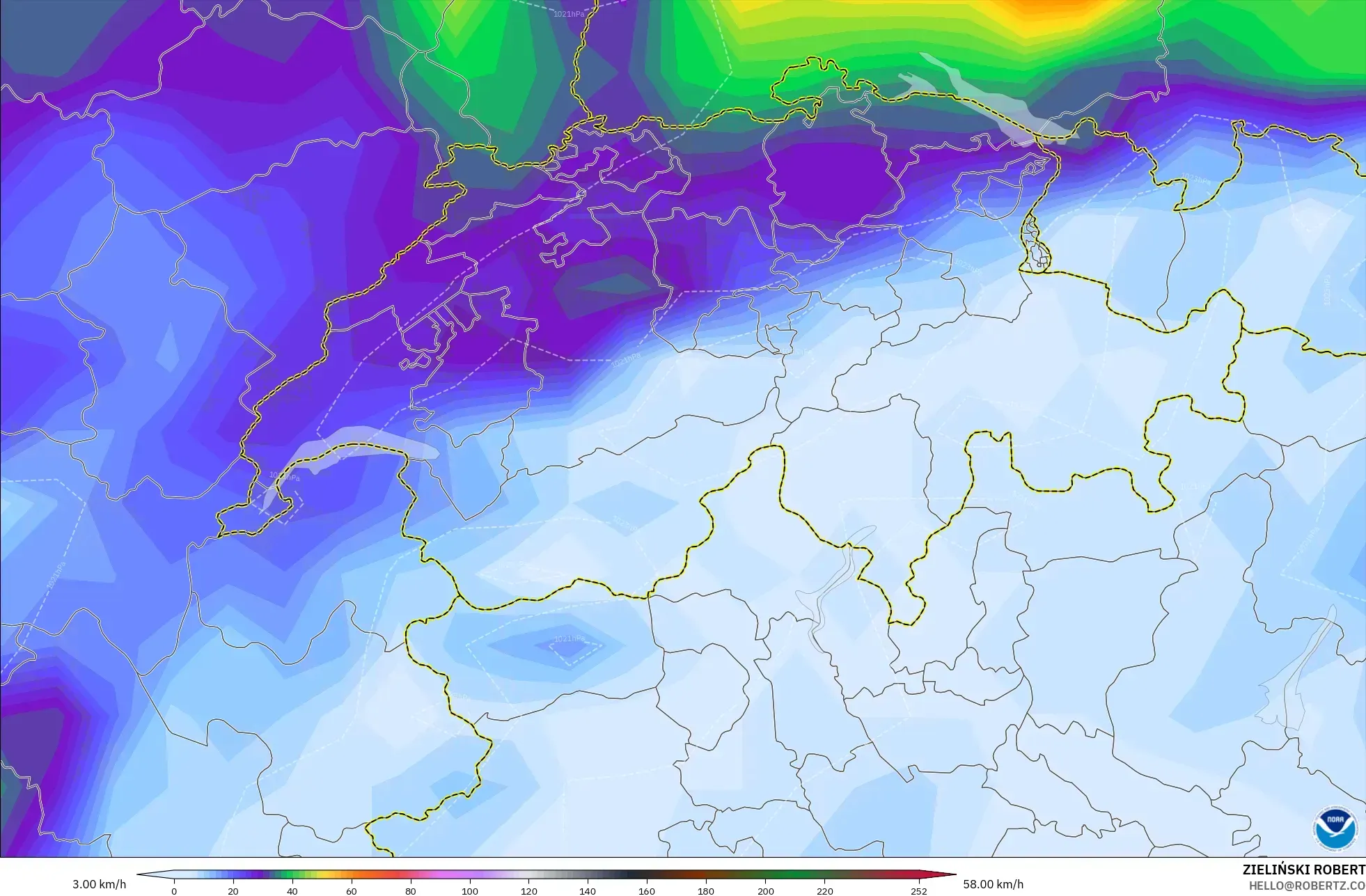 GFS modelo - Suiza, Ráfagas de Viento Máximas