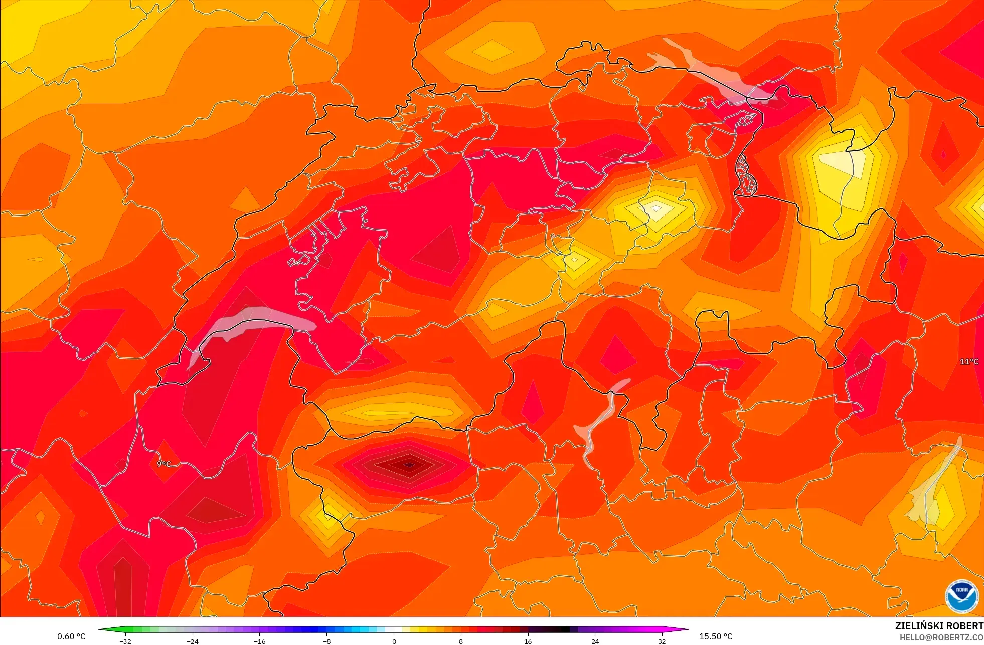 GFS modelo - Suiza, Anomalía de temperatura a 2 m