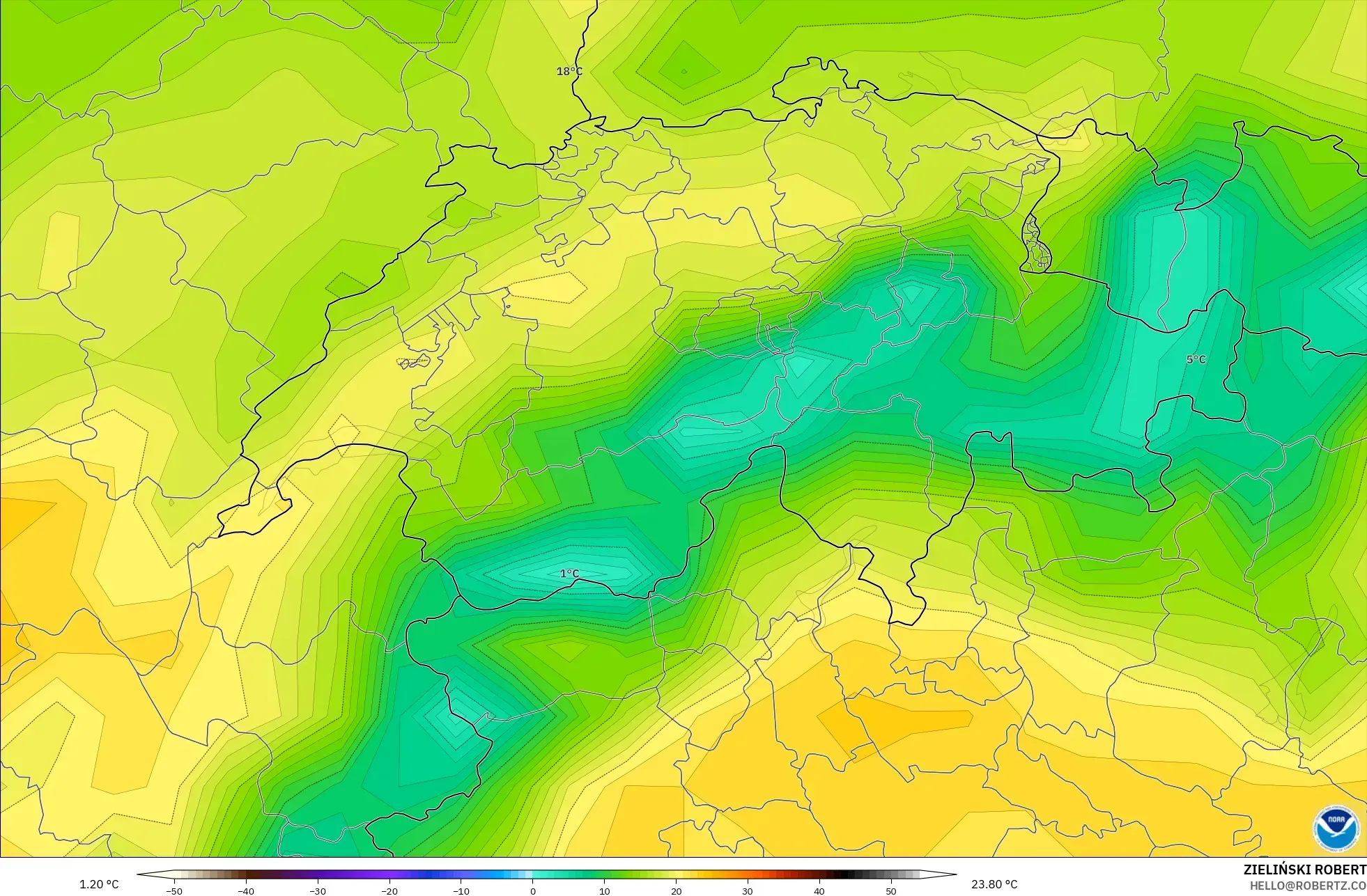 GFS modelo - Suiza, Temperatura a 2 m