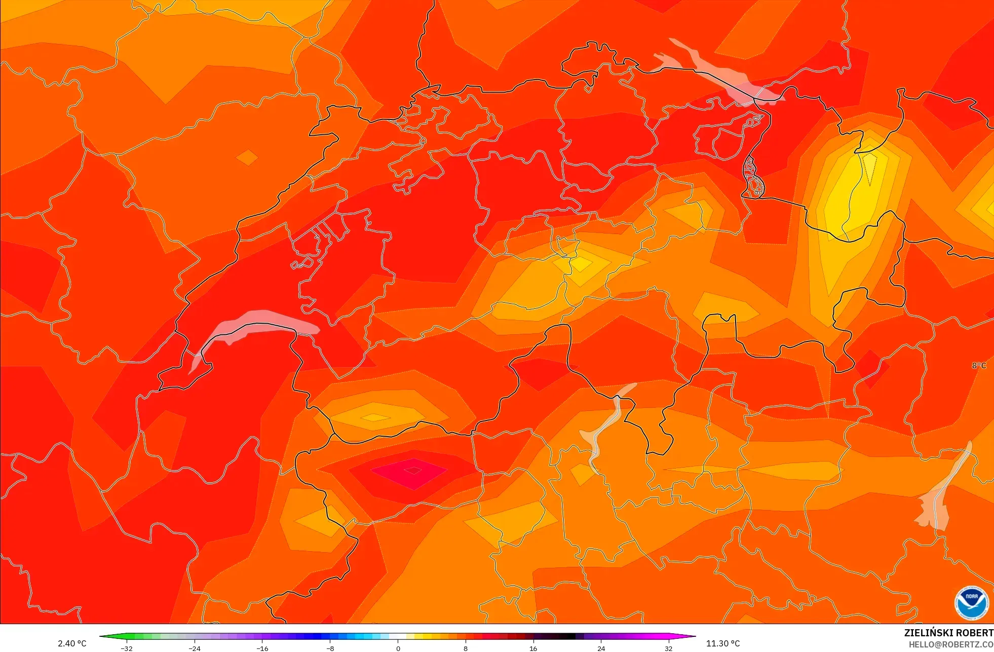 GFS modelo - Suiza, Anomalía de temperatura a 850 hPa