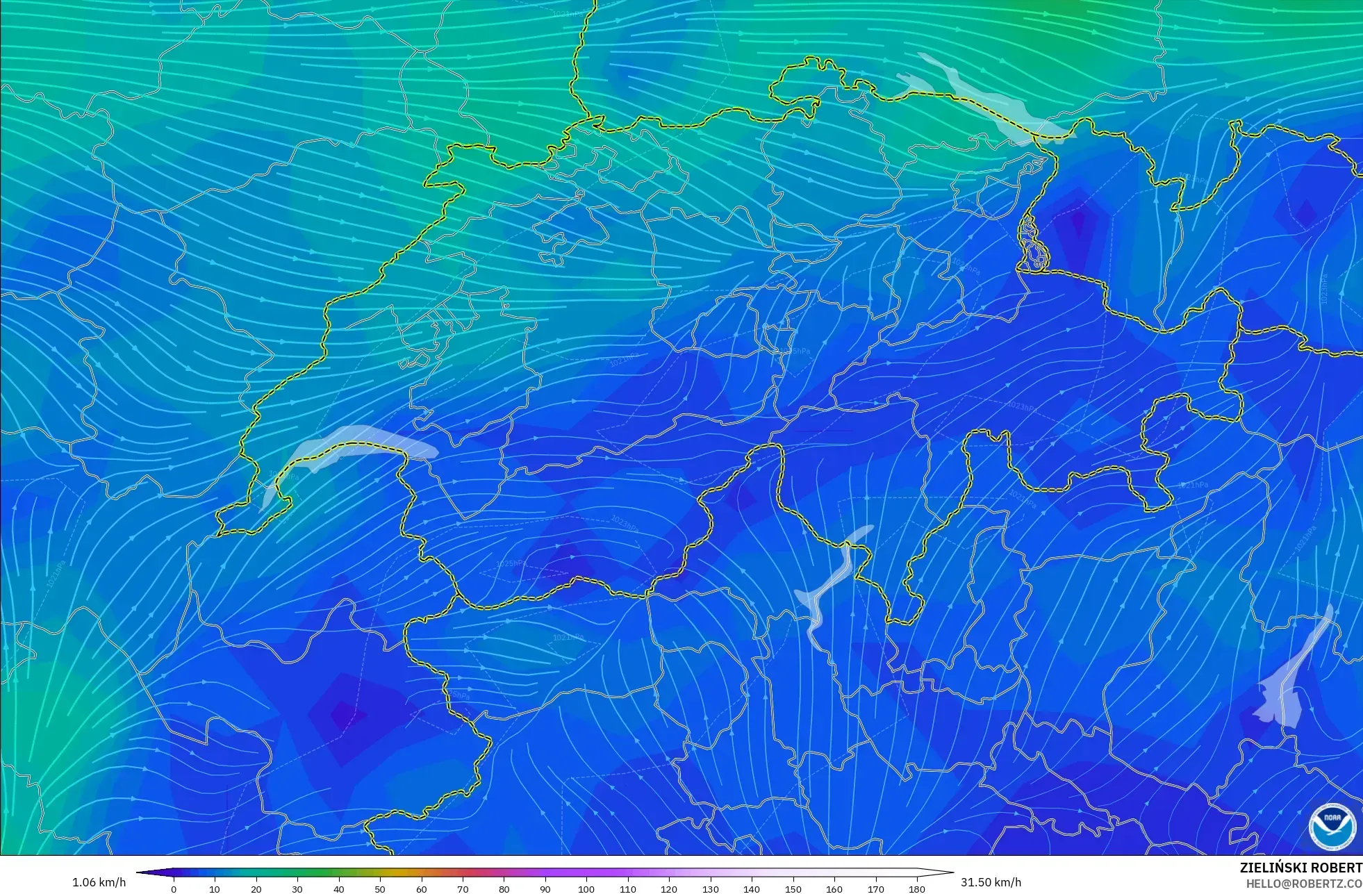 GFS modelo - Suiza, Viento a 10 m