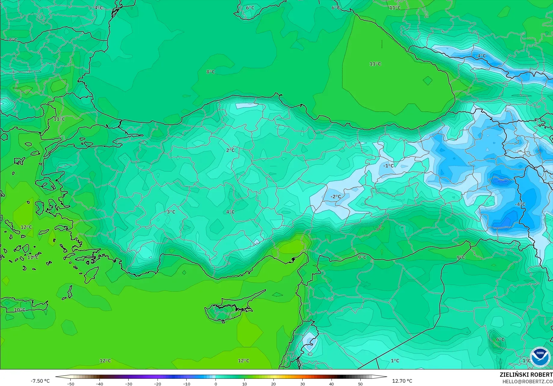 GFS modelo - Turquía, Punto de rocío a 2 m
