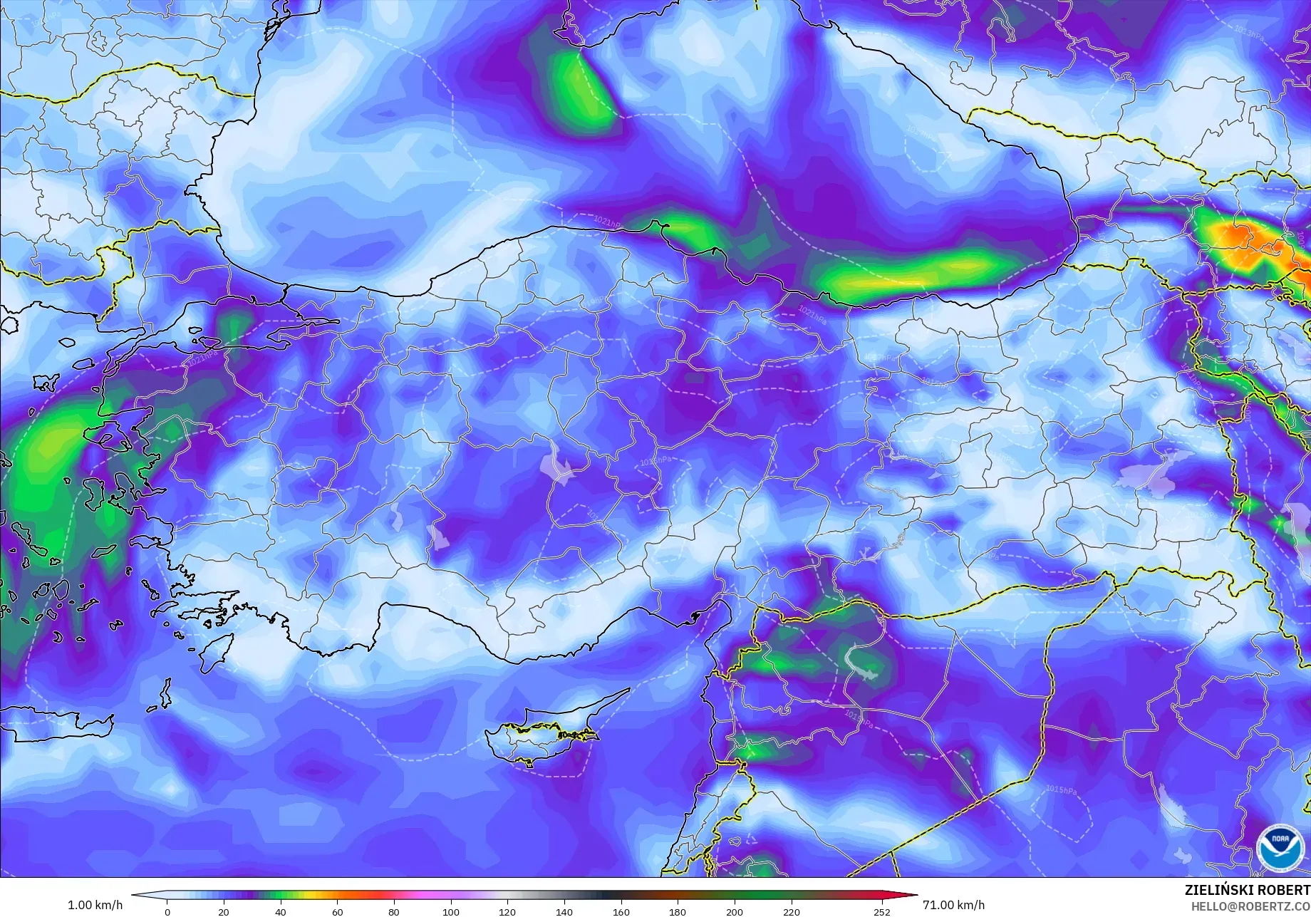 GFS modelo - Turquía, Ráfagas de viento