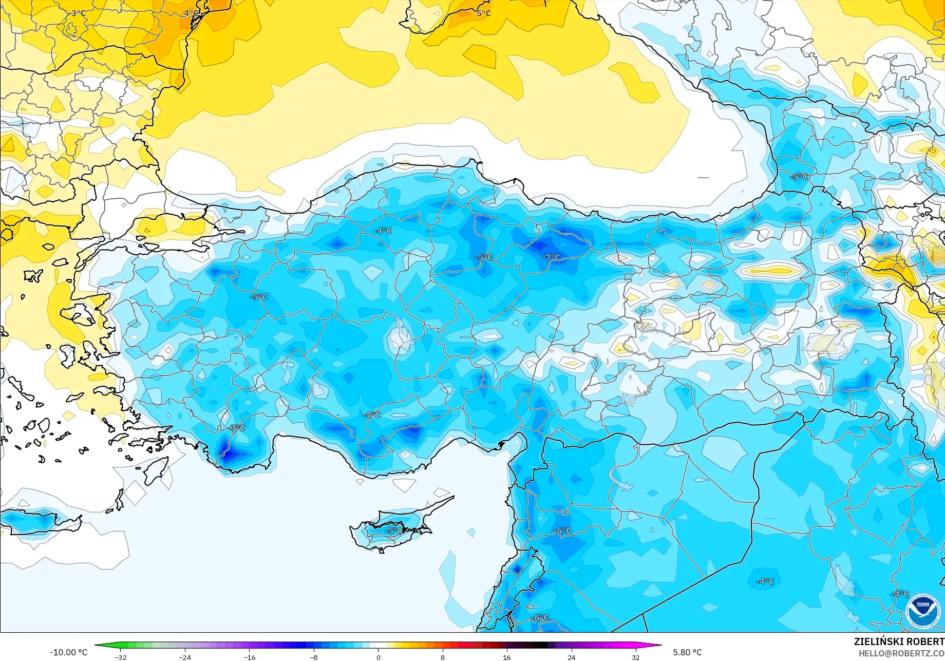 GFS modelo - Turquía, Anomalía de temperatura a 2 m