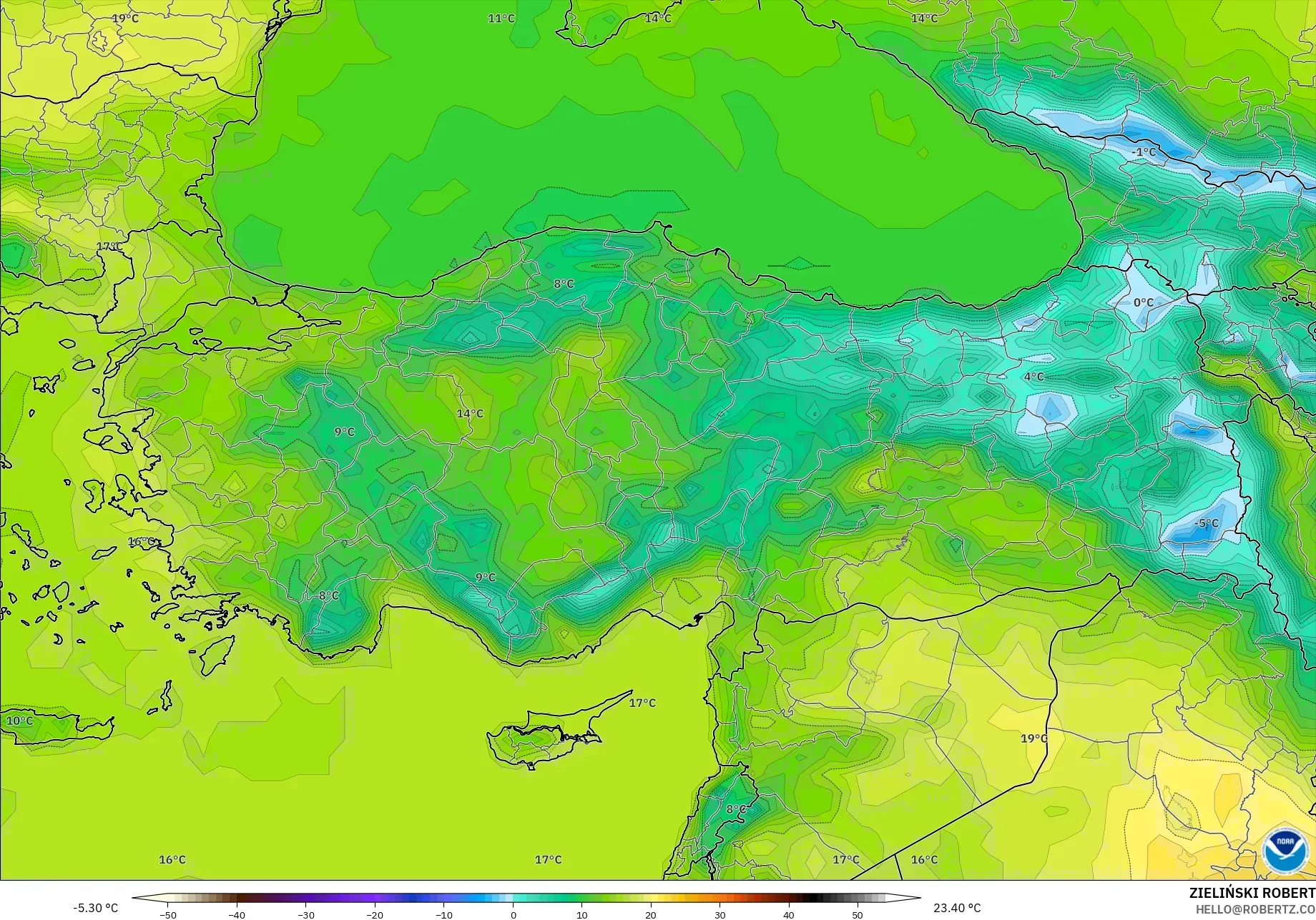 GFS modelo - Turquía, Temperatura a 2 m