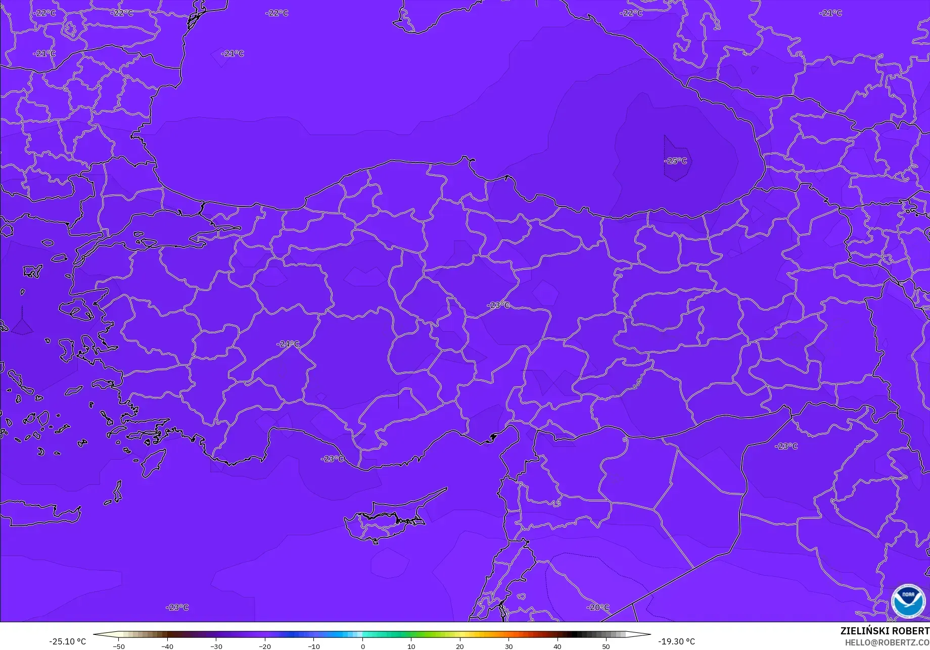GFS modelo - Turquía, Temperatura a 500 hPa