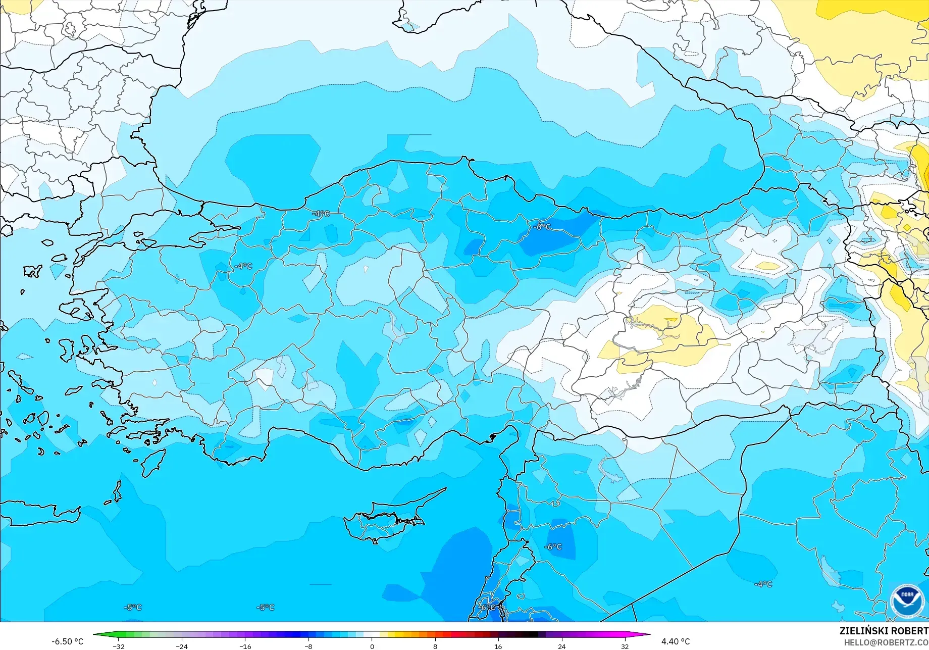 GFS modelo - Turquía, Anomalía de temperatura a 850 hPa