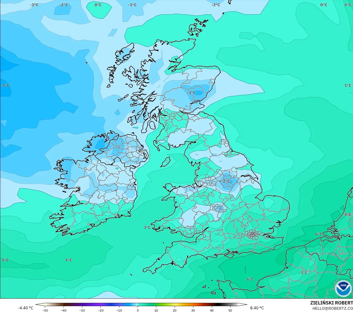 GFS modelo - Reino Unido, Punto de rocío a 2 m