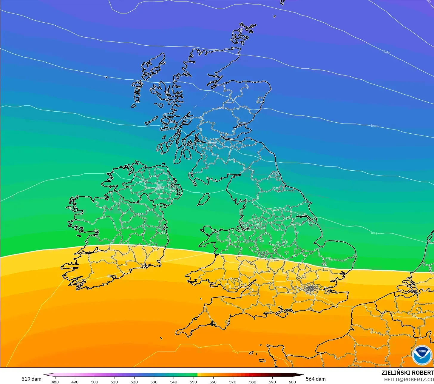 GFS modelo - Reino Unido, Altura geopotencial a 500 hPa