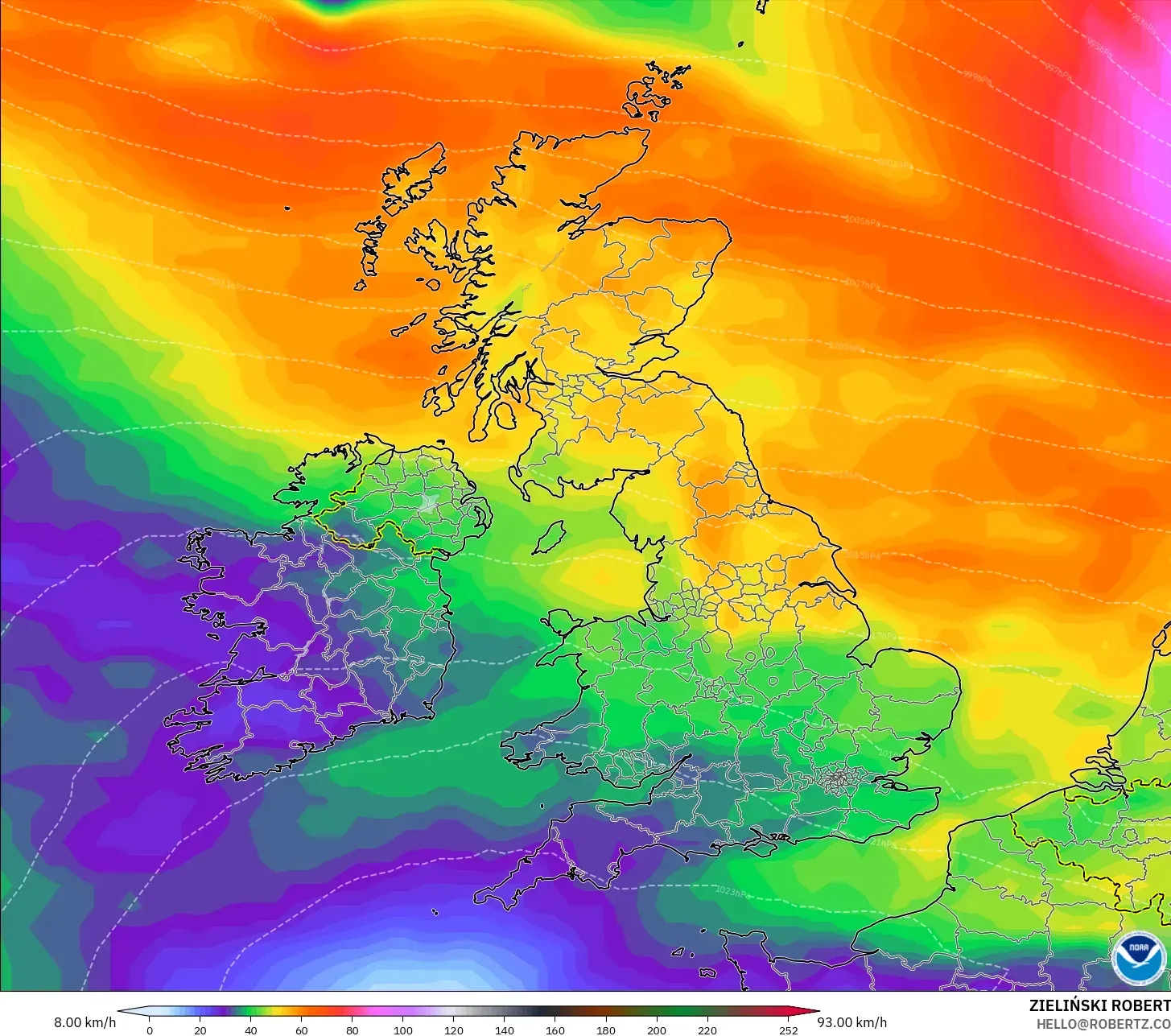 GFS modelo - Reino Unido, Ráfagas de viento