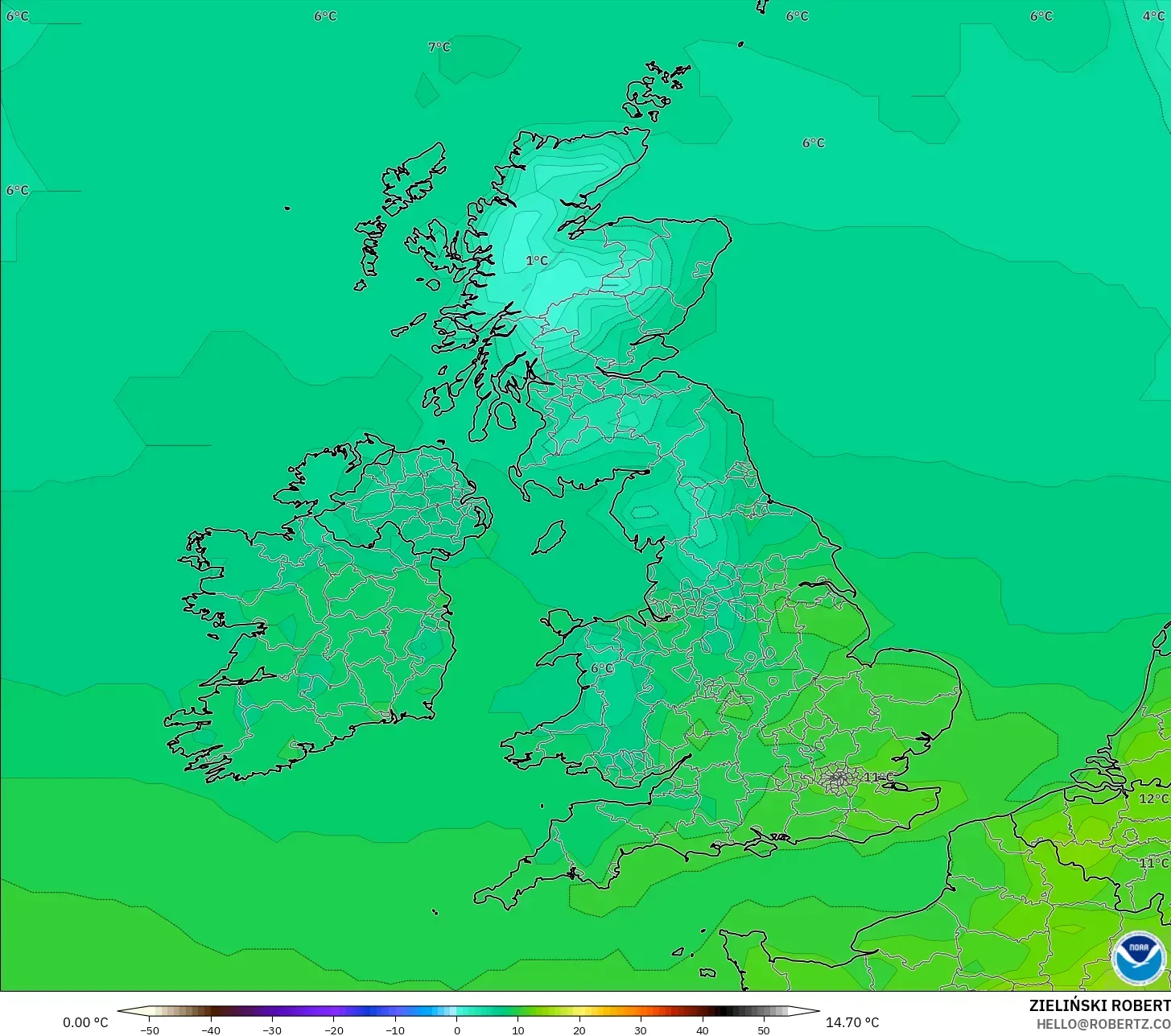 GFS modelo - Reino Unido, Temperatura a 2 m