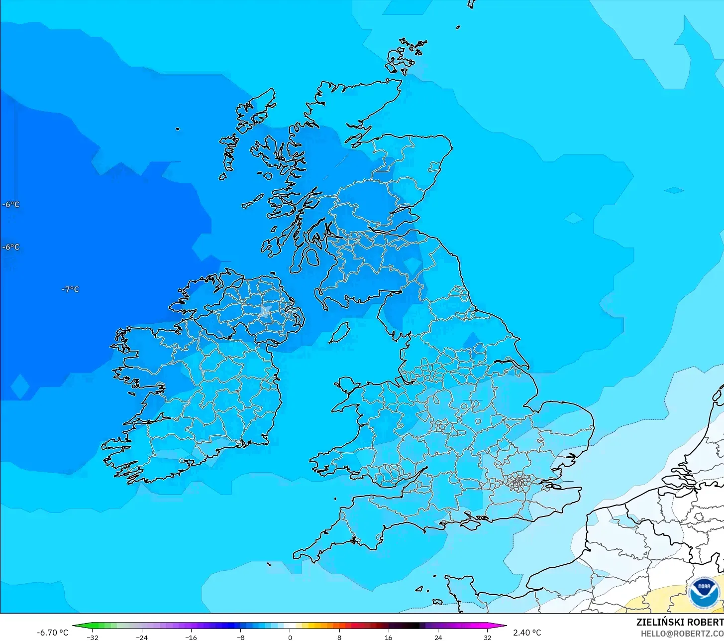 GFS modelo - Reino Unido, Anomalía de temperatura a 850 hPa