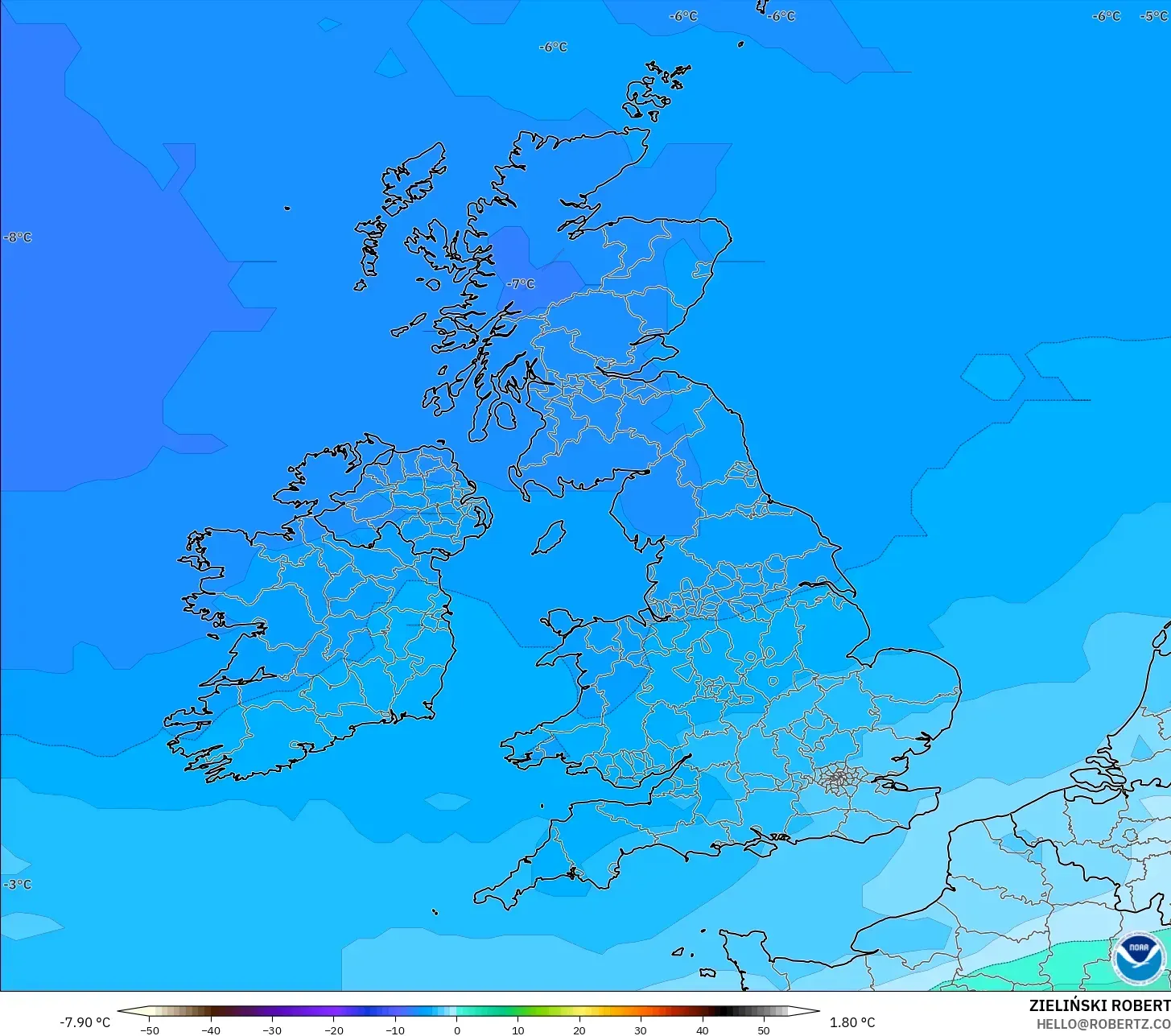 GFS modelo - Reino Unido, Temperatura a 850 hPa