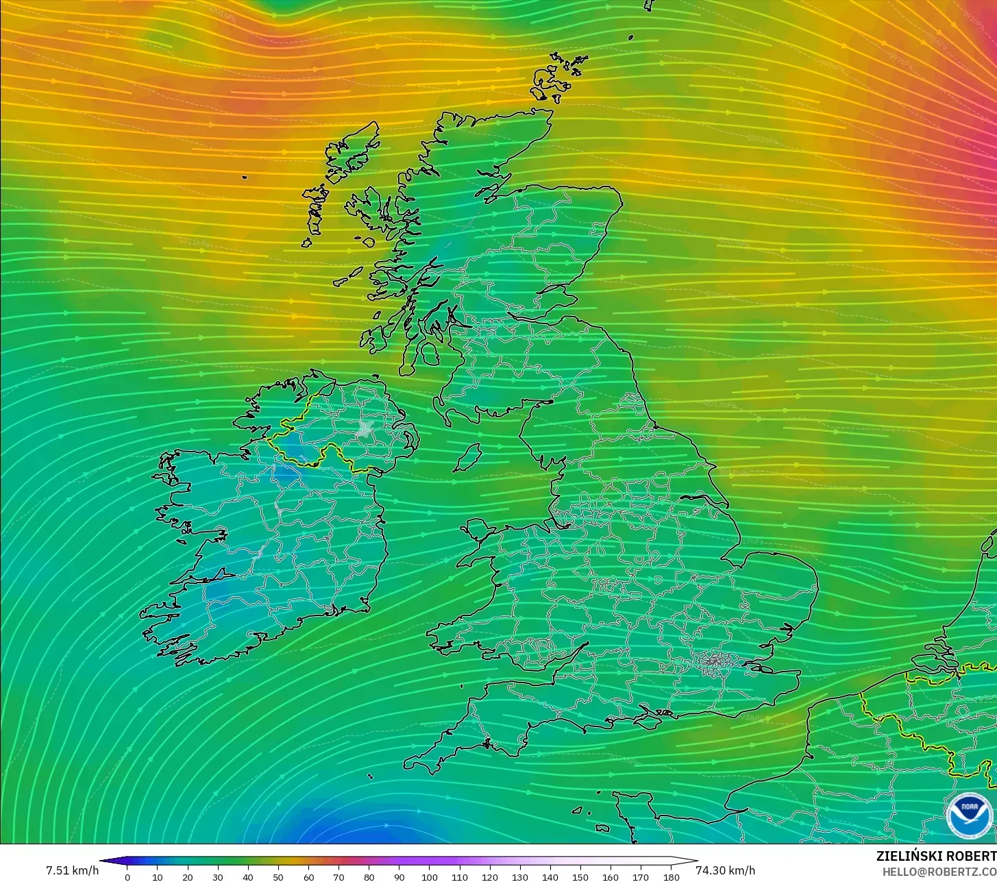 GFS modelo - Reino Unido, Viento a 10 m