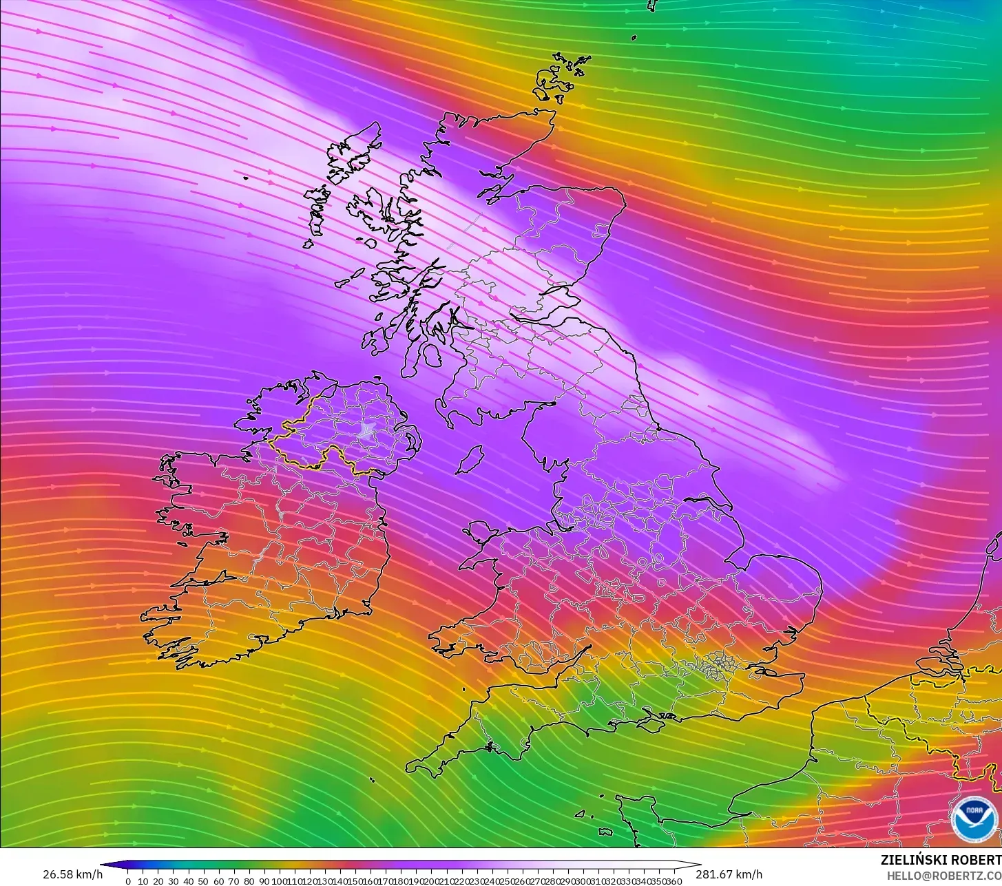 GFS modelo - Reino Unido, Viento a 300 hPa (corriente en chorro)