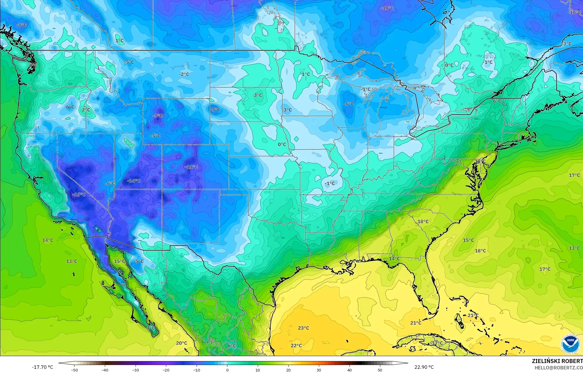 GFS modelo - Estados Unidos, Punto de rocío a 2 m