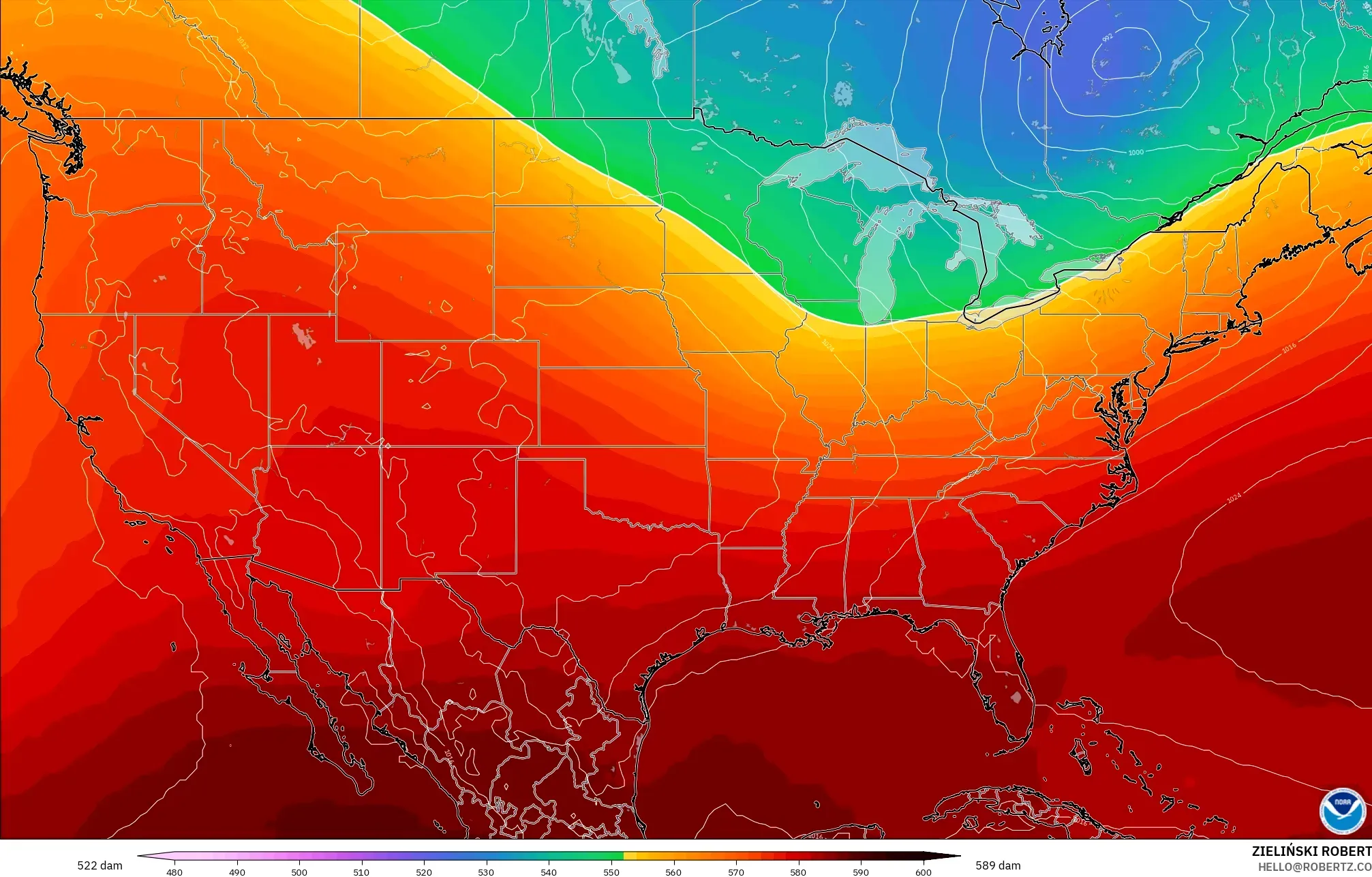 GFS modelo - Estados Unidos, Altura geopotencial a 500 hPa
