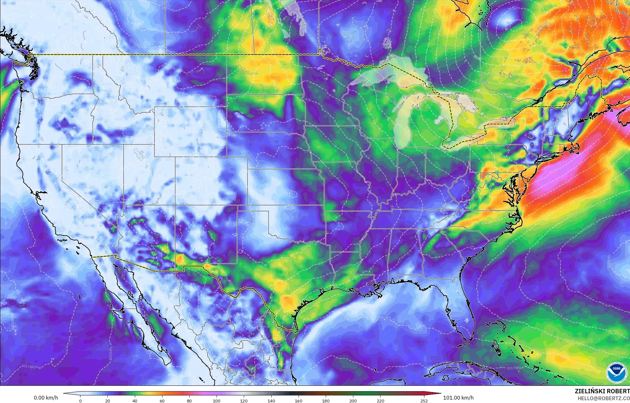 GFS modelo - Estados Unidos, Ráfagas de Viento Máximas