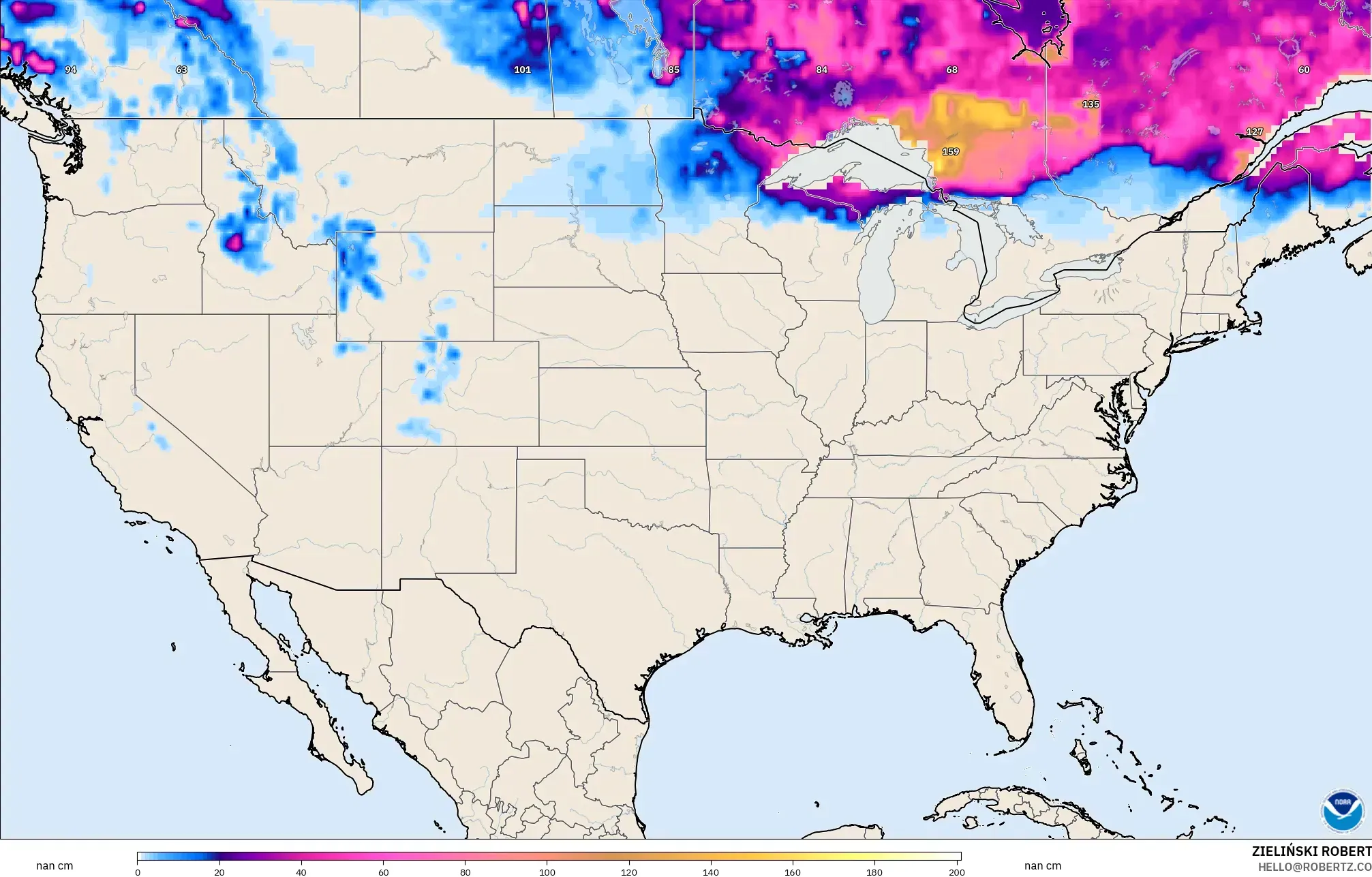 GFS modelo - Estados Unidos, Profundidad de nieve