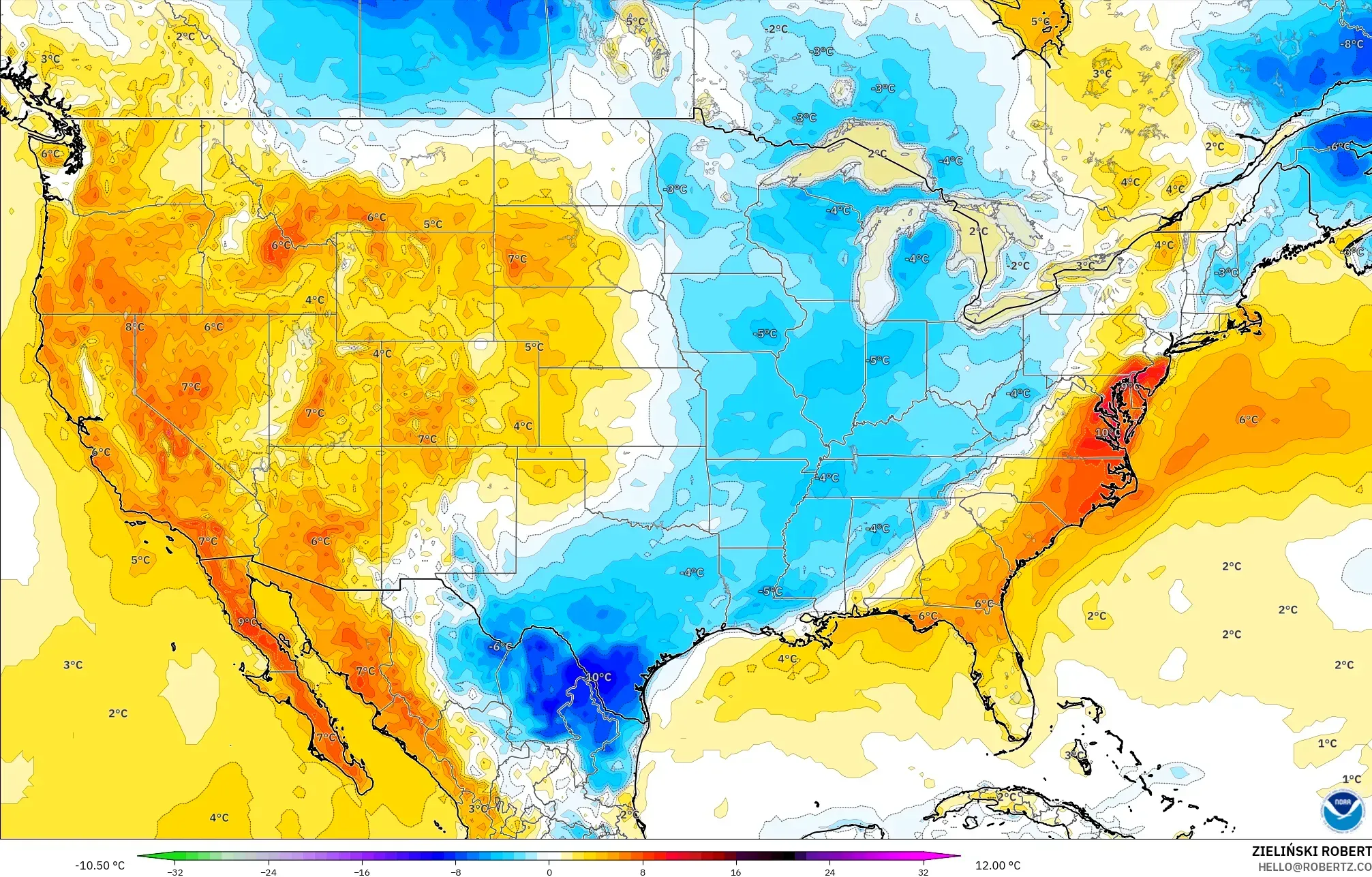 GFS modelo - Estados Unidos, Anomalía de temperatura a 2 m