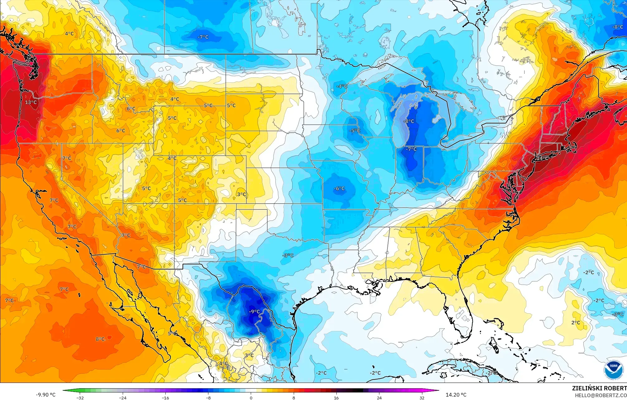 GFS modelo - Estados Unidos, Anomalía de temperatura a 850 hPa