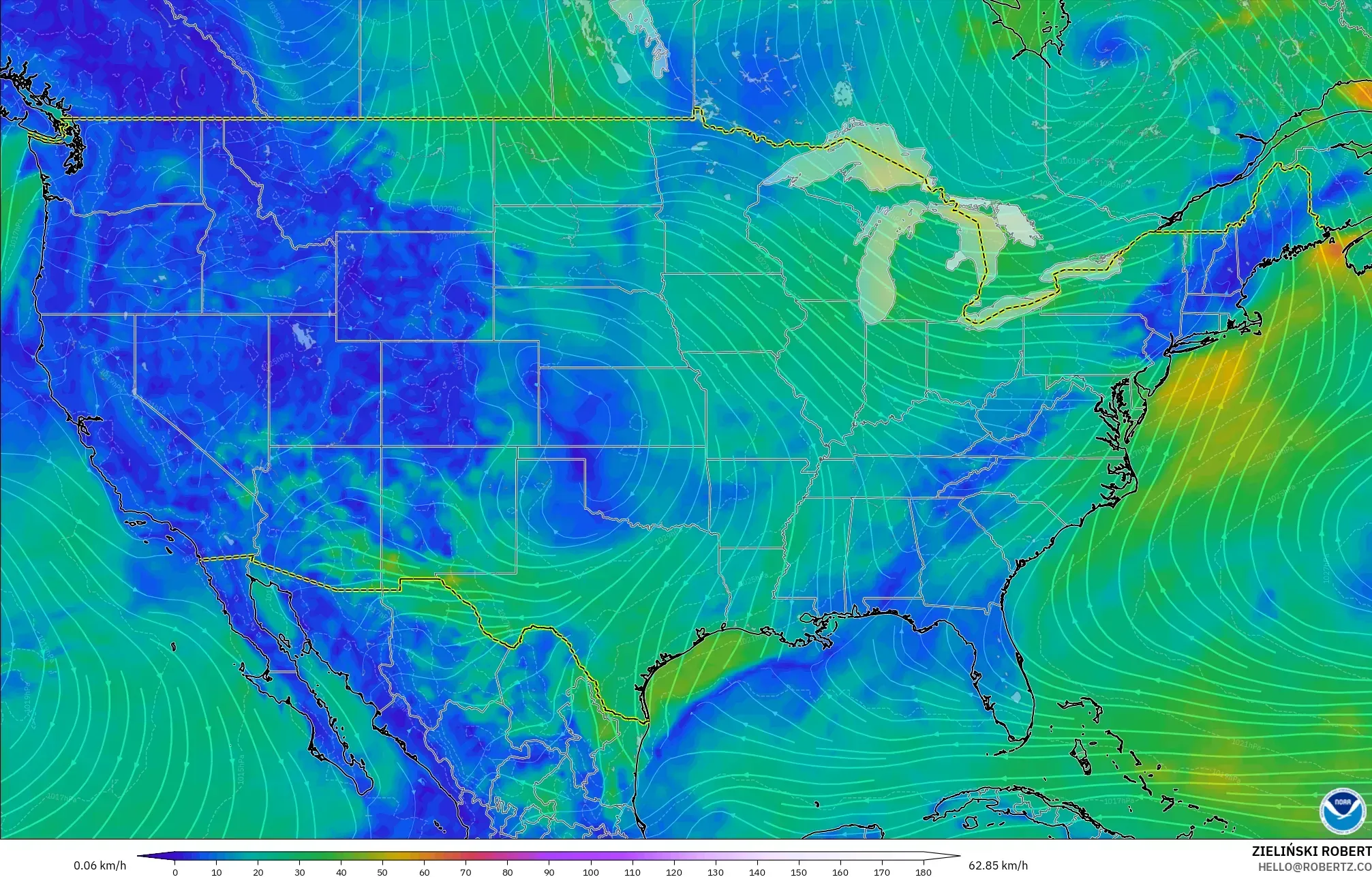 GFS modelo - Estados Unidos, Viento a 10 m