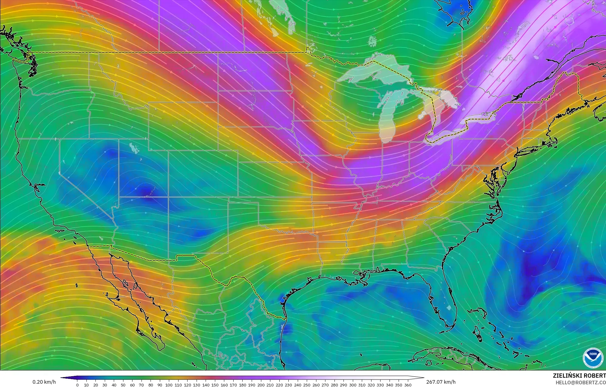 GFS modelo - Estados Unidos, Viento a 300 hPa (corriente en chorro)