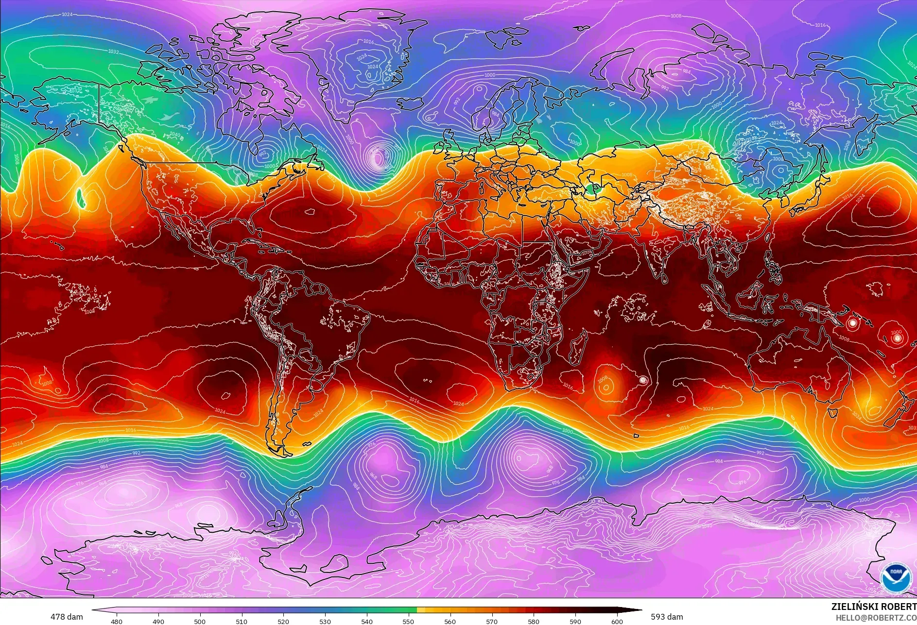 GFS modelo - Mundo, Altura geopotencial a 500 hPa