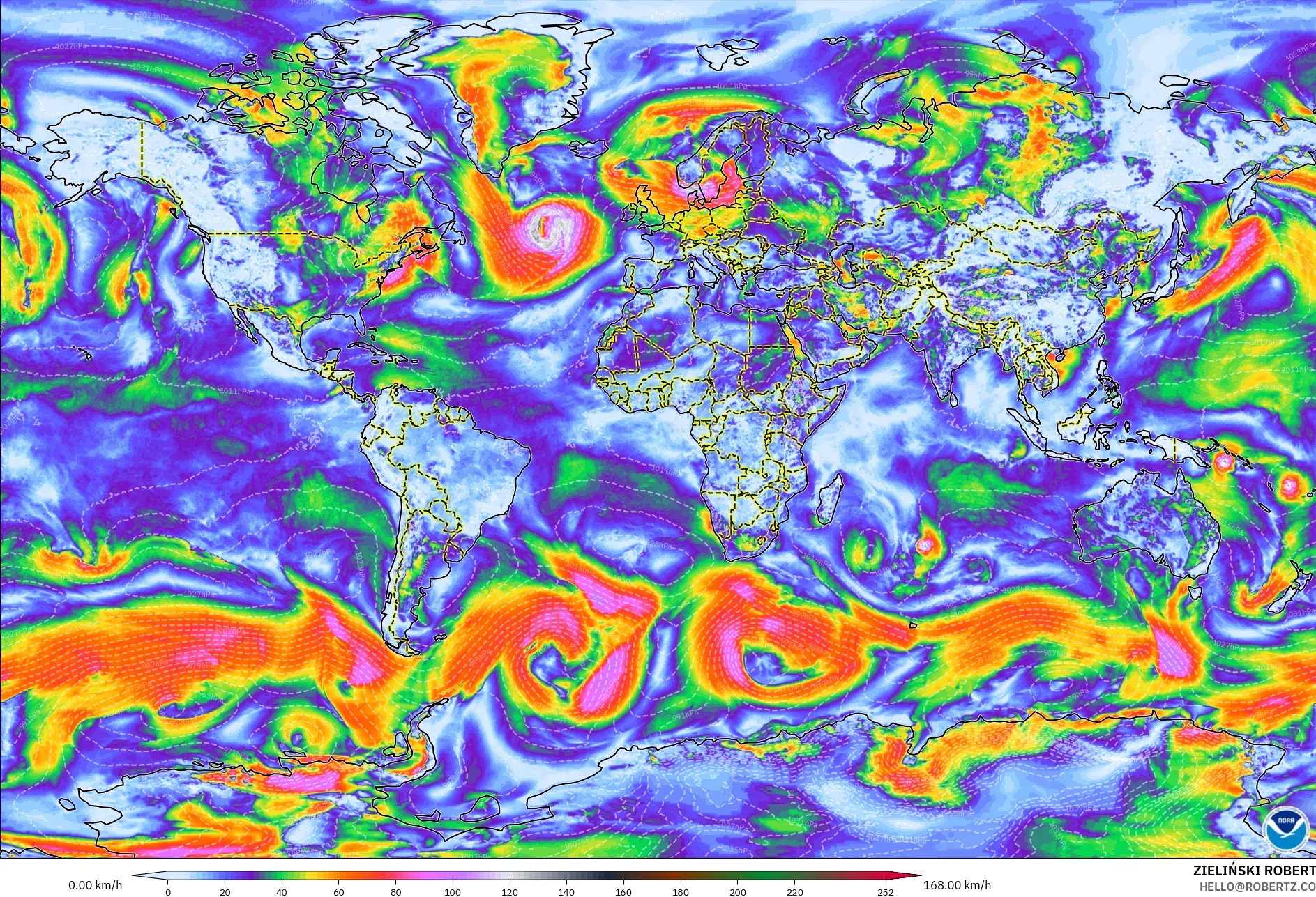 GFS modelo - Mundo, Ráfagas de Viento Máximas