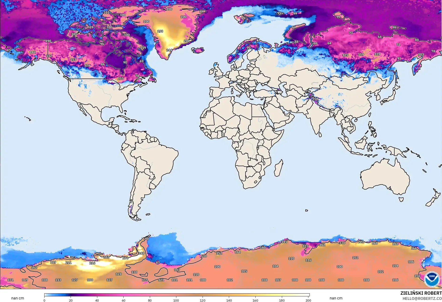 GFS modelo - Mundo, Profundidad de nieve