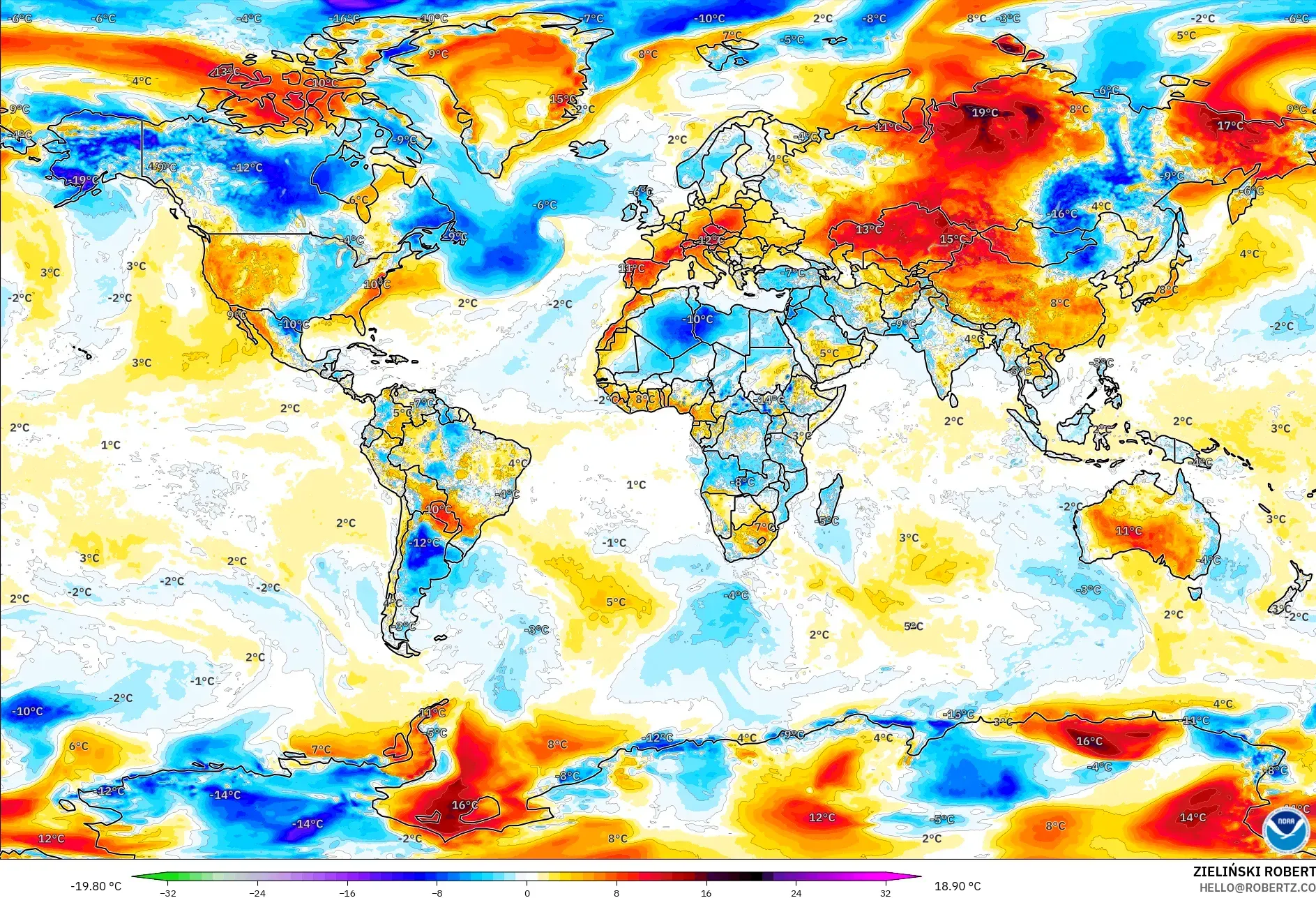 GFS modelo - Mundo, Anomalía de temperatura a 2 m