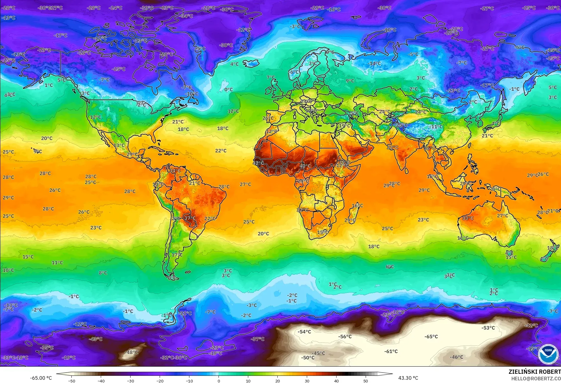 GFS modelo - Mundo, Temperatura a 2 m