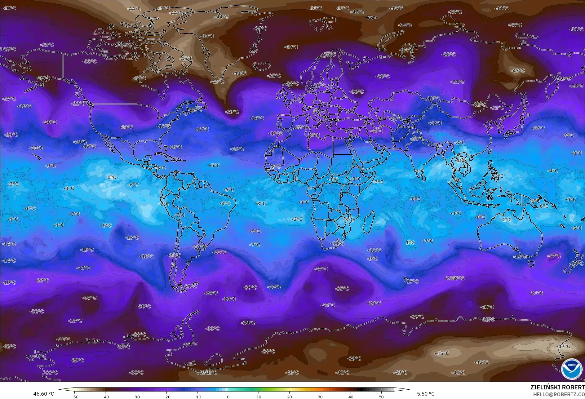 GFS modelo - Mundo, Temperatura a 500 hPa