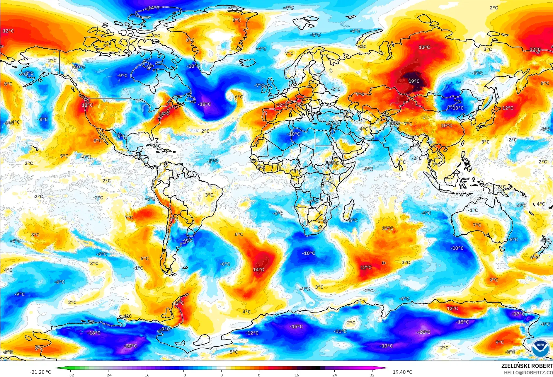 GFS modelo - Mundo, Anomalía de temperatura a 850 hPa