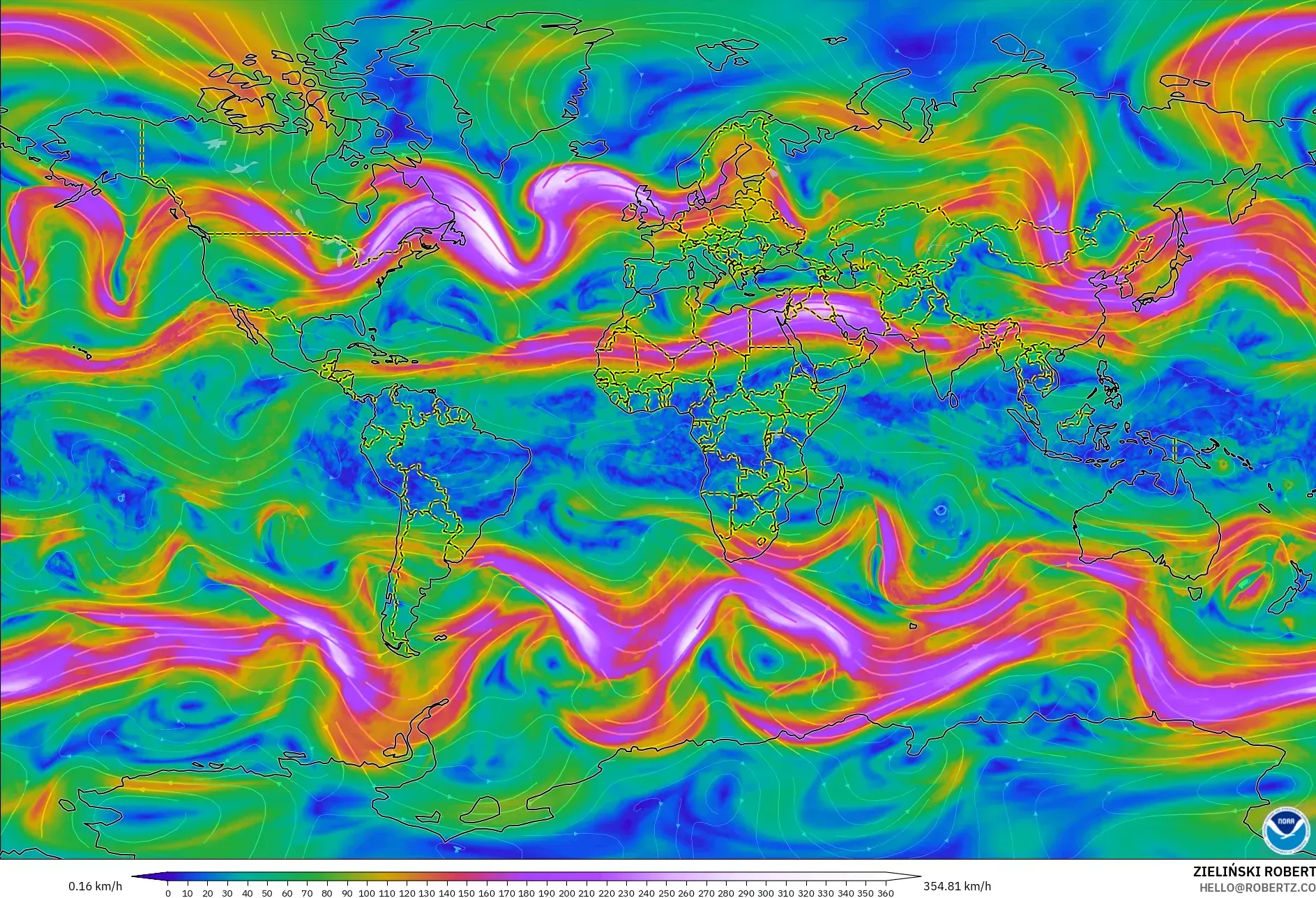 GFS modelo - Mundo, Viento a 300 hPa (corriente en chorro)