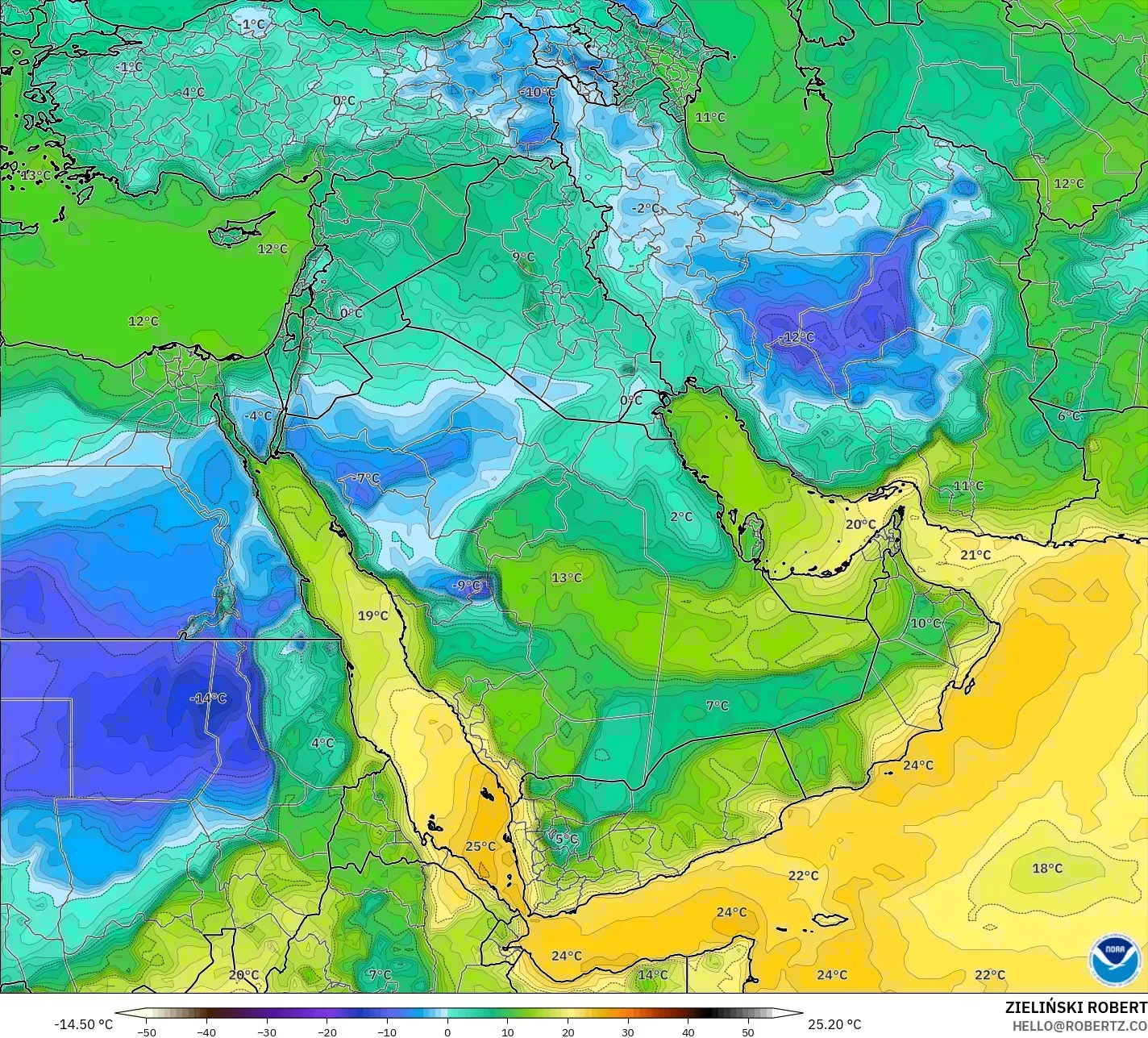 GFS modelo - Oriente Medio, Punto de rocío a 2 m