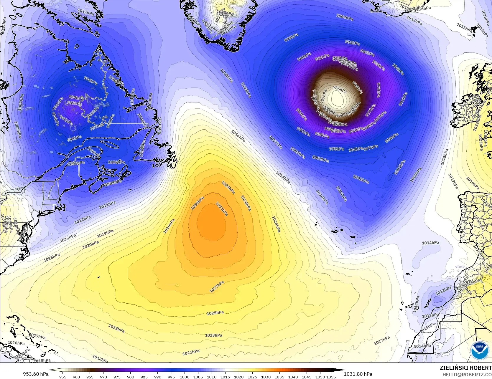 GFS modelo - Norte Atlántico, Presión