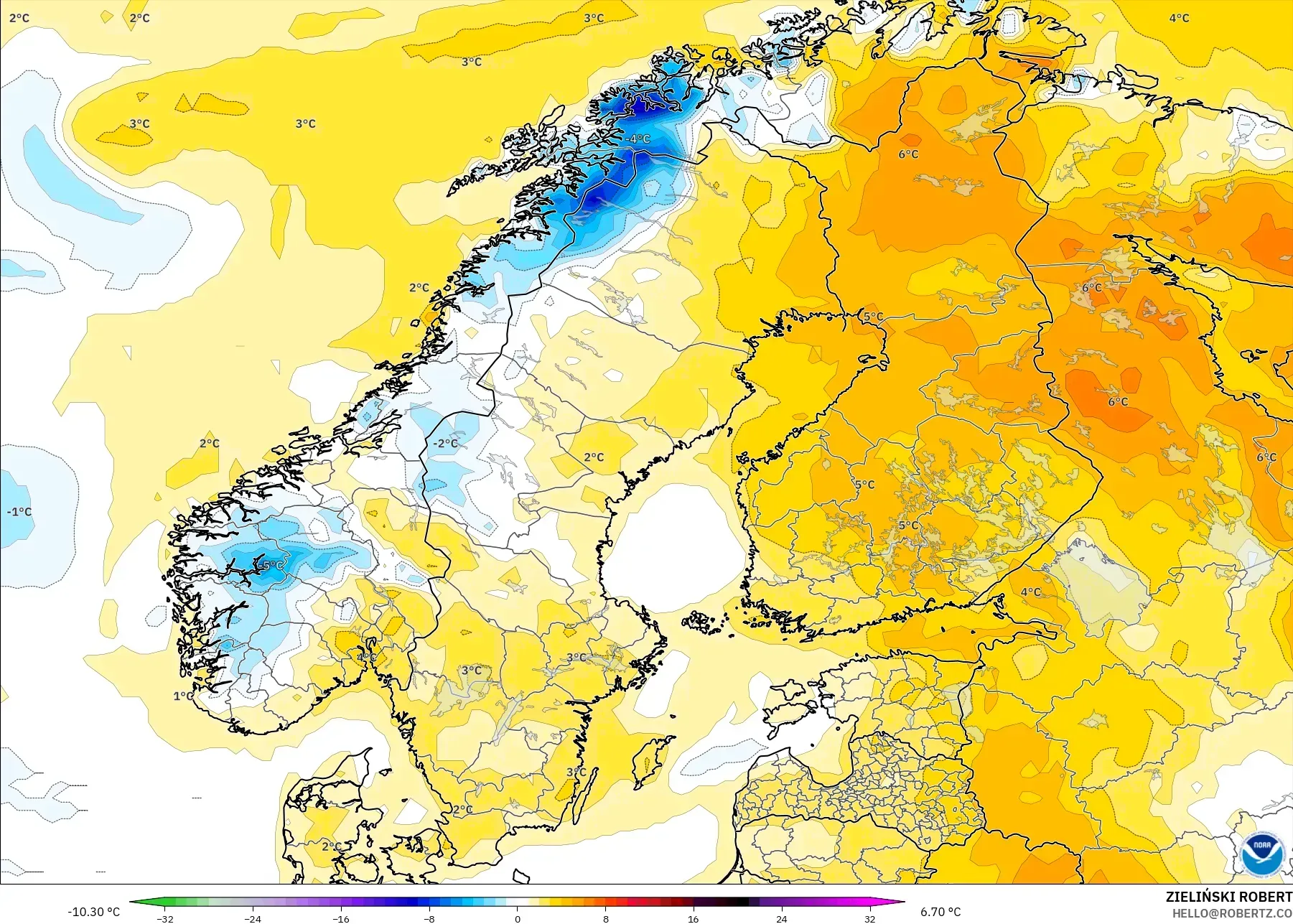 GFS modelo - Escandinavia, Anomalía de temperatura a 2 m