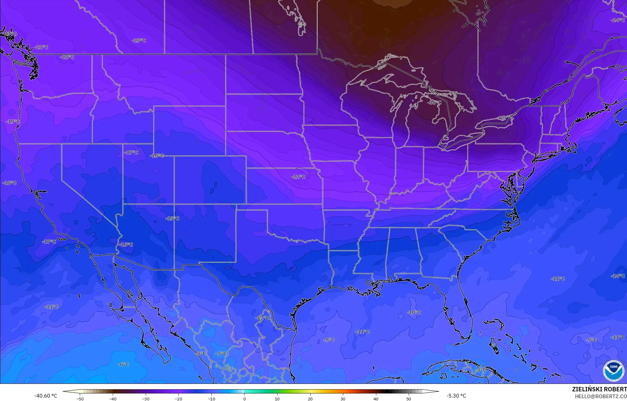 GFS modelo - Estados Unidos, Temperatura a 500 hPa