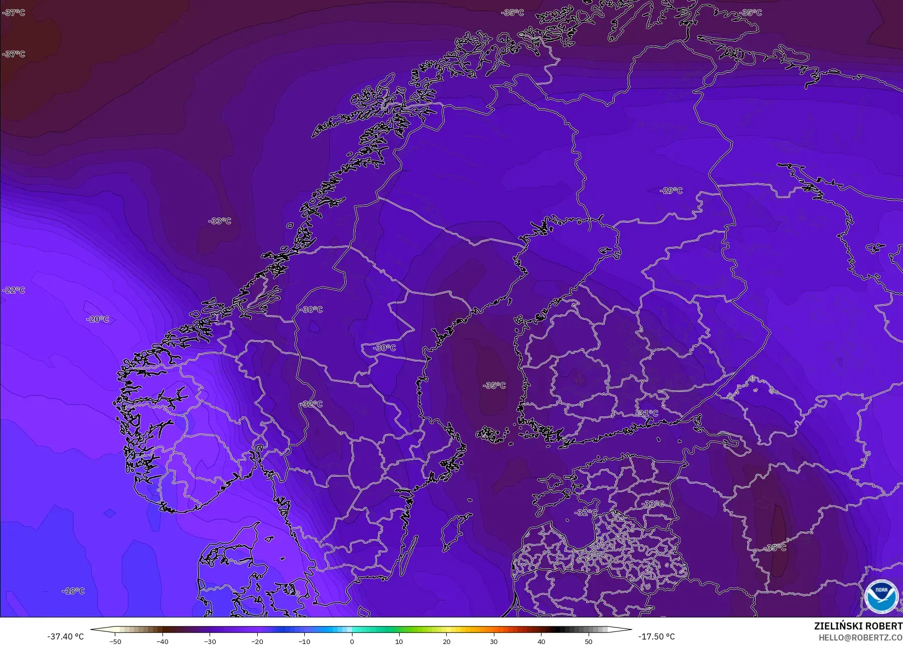 GFS modelo - Escandinavia, Temperatura a 500 hPa
