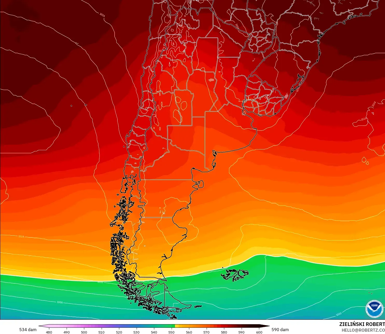 GFS modelo - Argentina, Altura geopotencial a 500 hPa