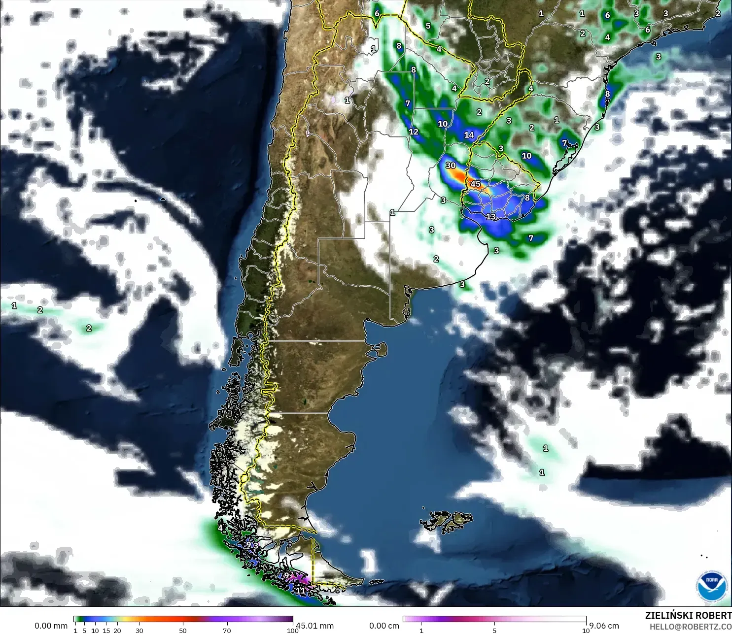 GFS modelo - Argentina, Precipitación, nubes y presión