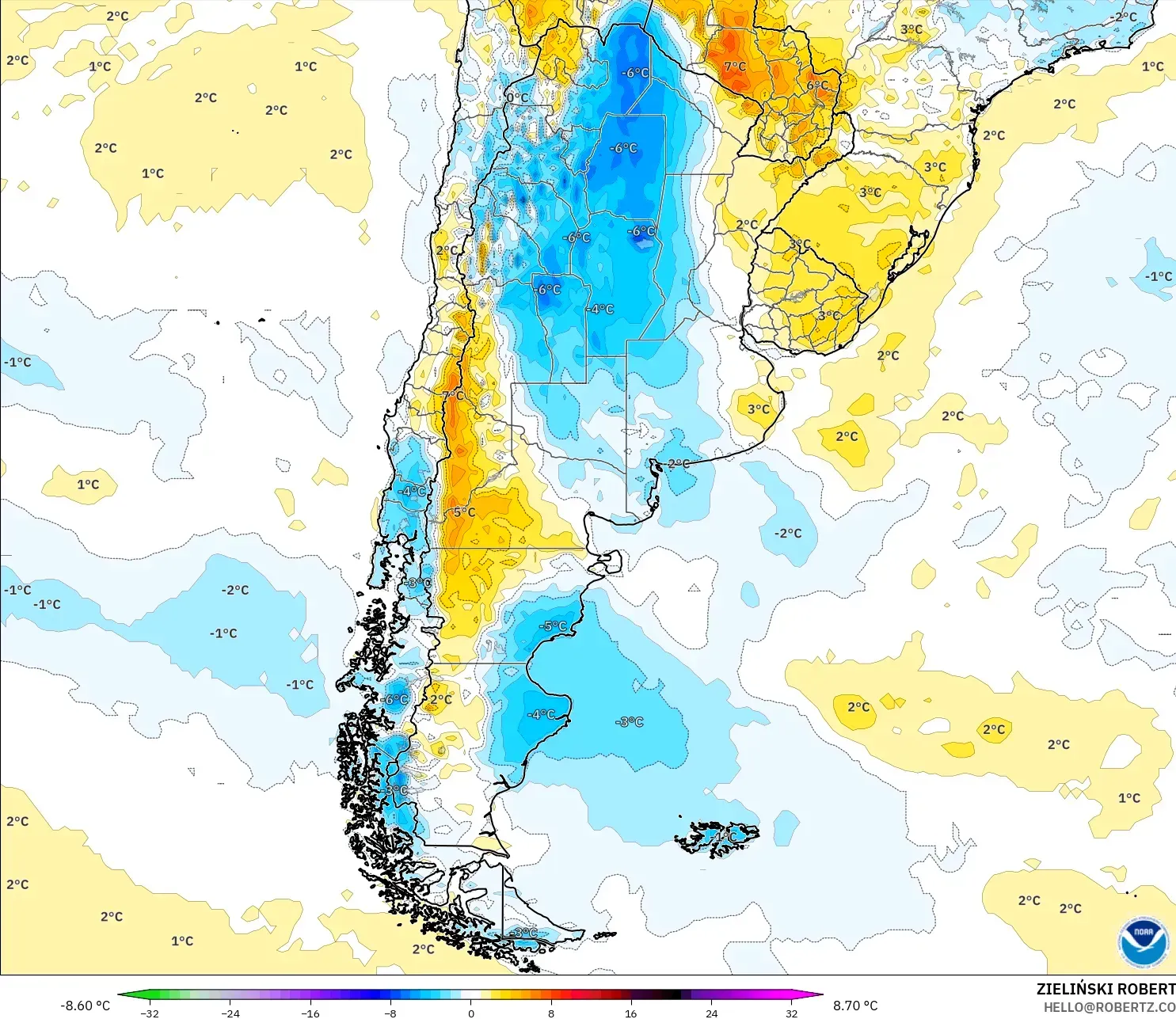 GFS modelo - Argentina, Anomalía de temperatura a 2 m