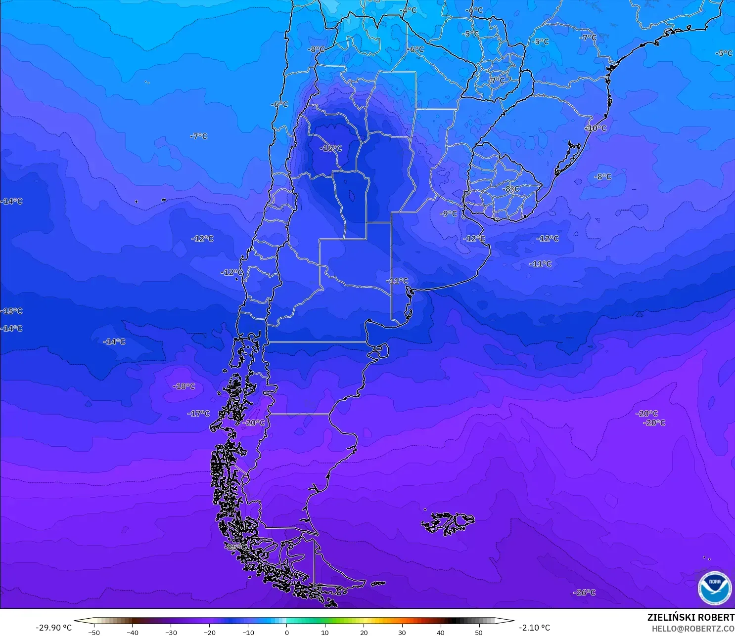 GFS modelo - Argentina, Temperatura a 500 hPa