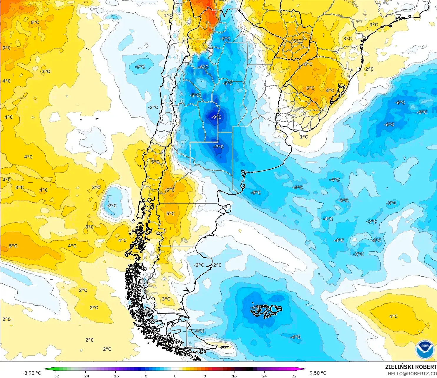 GFS modelo - Argentina, Anomalía de temperatura a 850 hPa