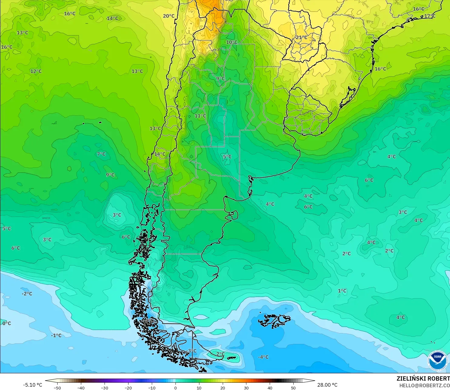 GFS modelo - Argentina, Temperatura a 850 hPa